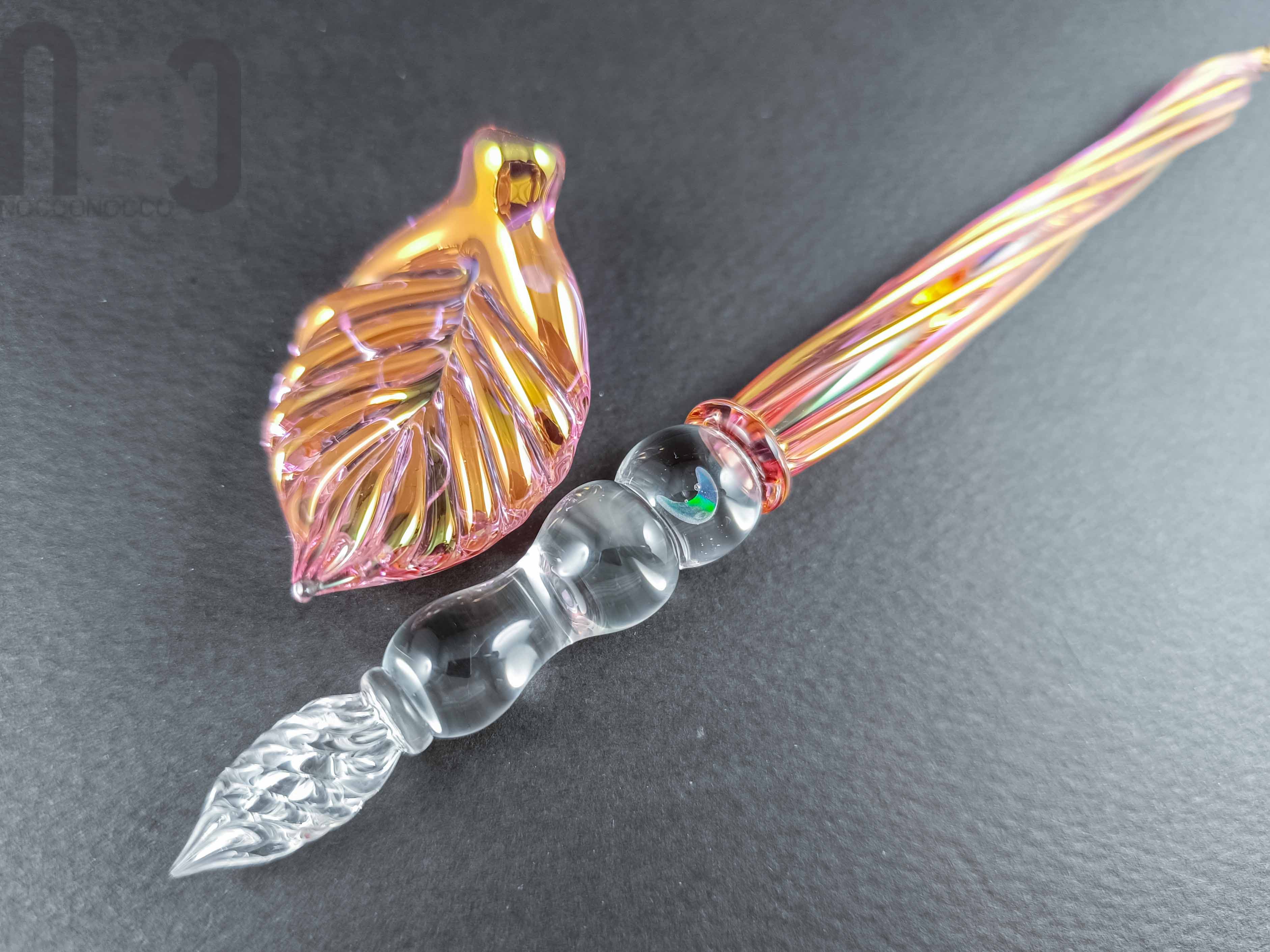 Gold and Fine Silver Fumed Dip Pen with Opal, v109 — handmade borosilicate glass by NoccoNocco, detail view 3 of 4, made in Greece