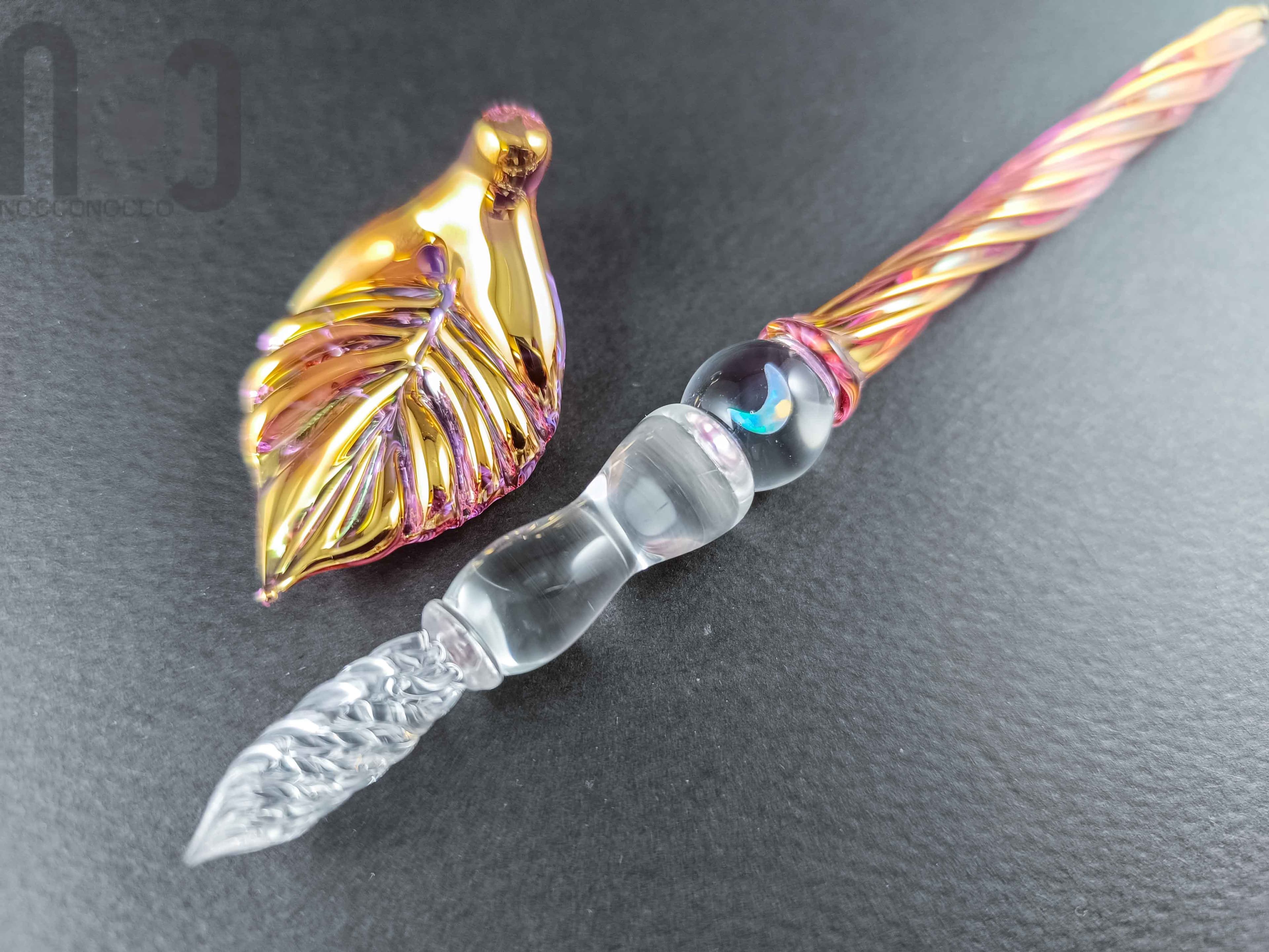 Gold and Fine Silver Fumed Dip Pen with Opal, v102 — handmade borosilicate glass by NoccoNocco, main view, made in Greece