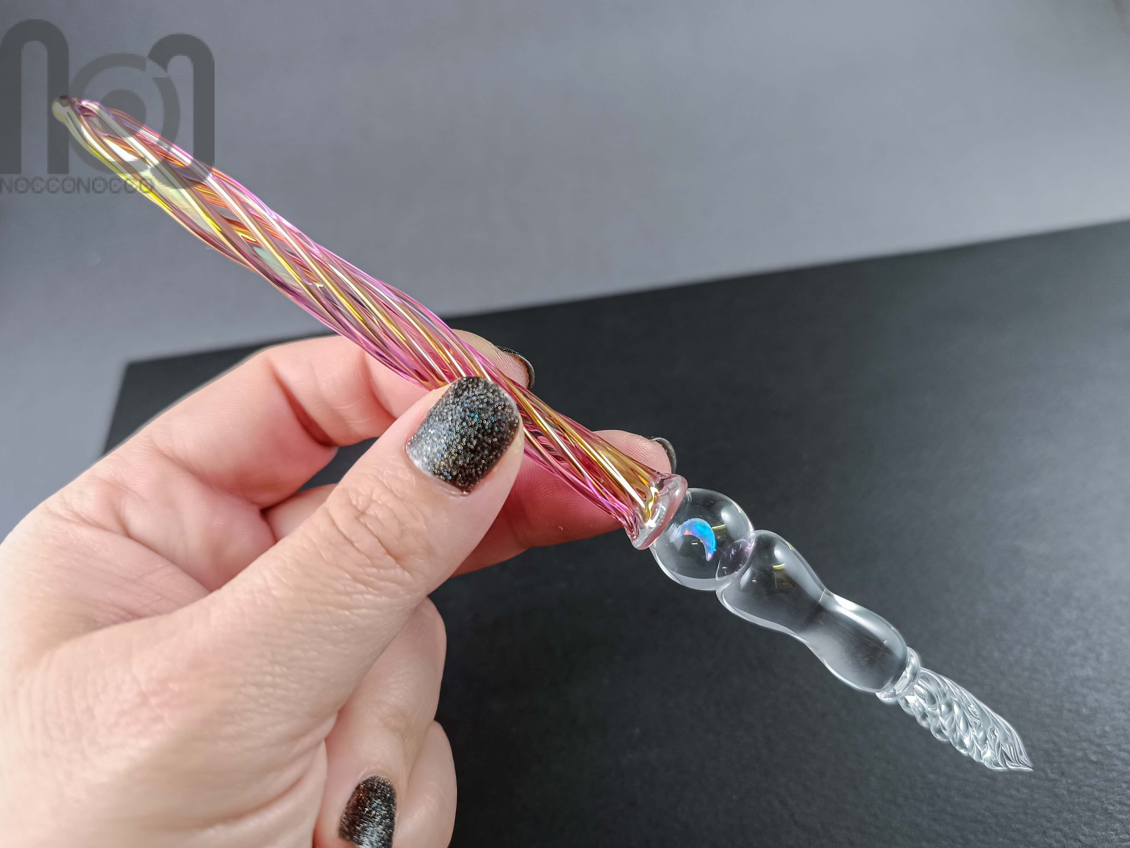 Gold and Fine Silver Fumed Dip Pen with Opal, v102 — handmade borosilicate glass by NoccoNocco, detail view 4 of 5, made in Greece