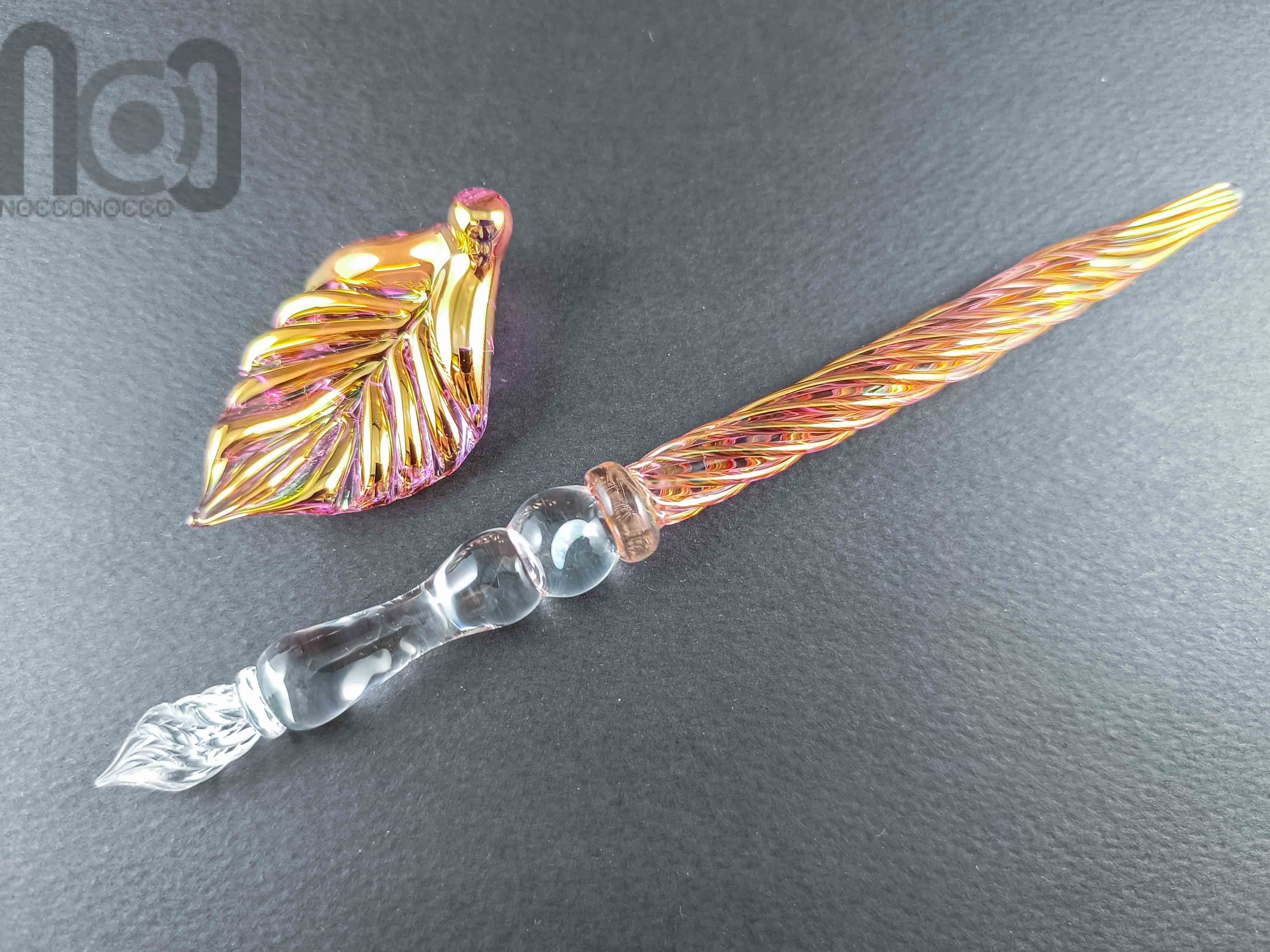 Gold and Fine Silver Fumed Dip Pen with Opal, v104 — handmade borosilicate glass by NoccoNocco, detail view 3 of 4, made in Greece