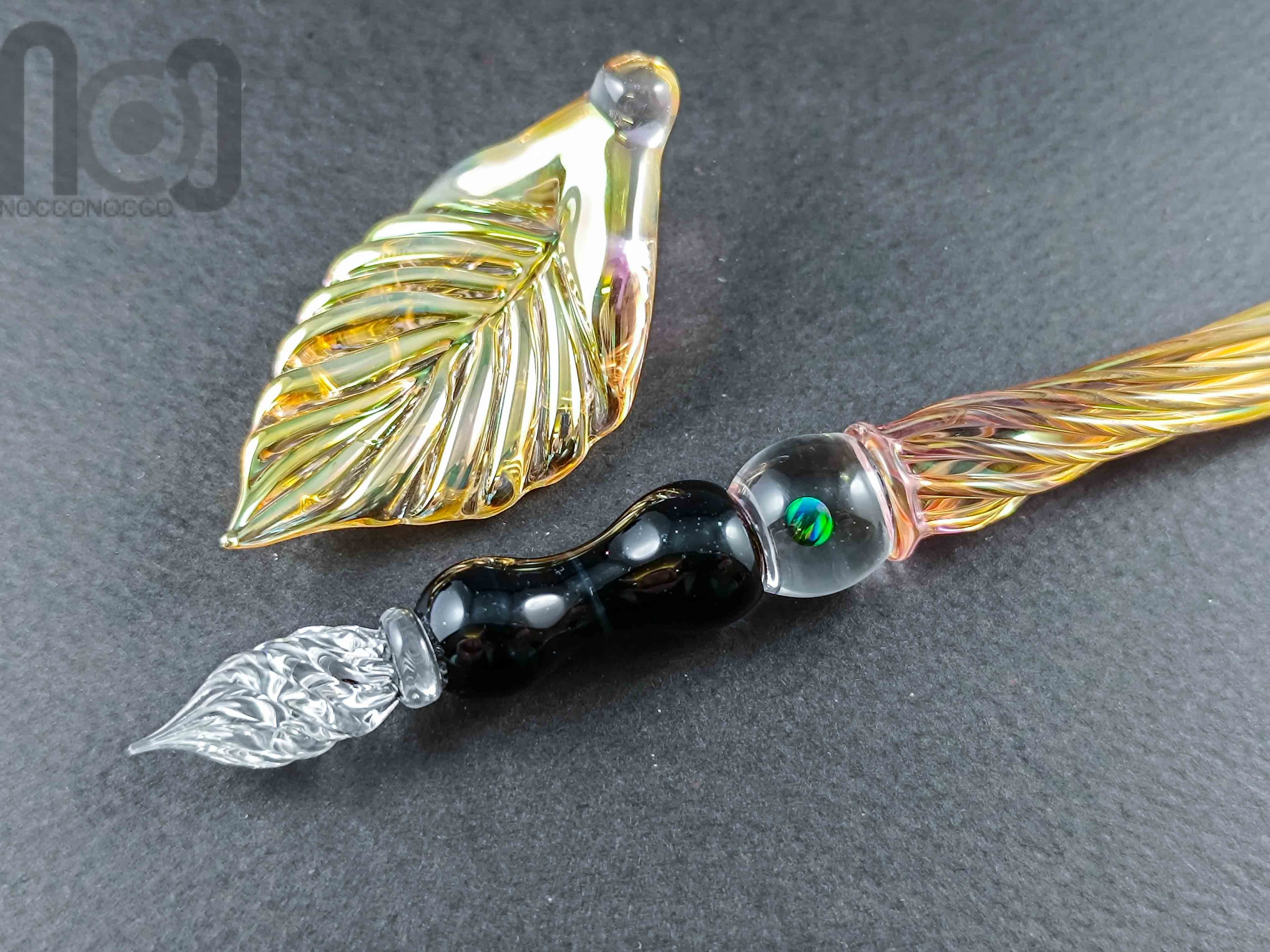 Gold Fumed Dip Pen with Opal, v103 — handmade borosilicate glass by NoccoNocco, main view, made in Greece