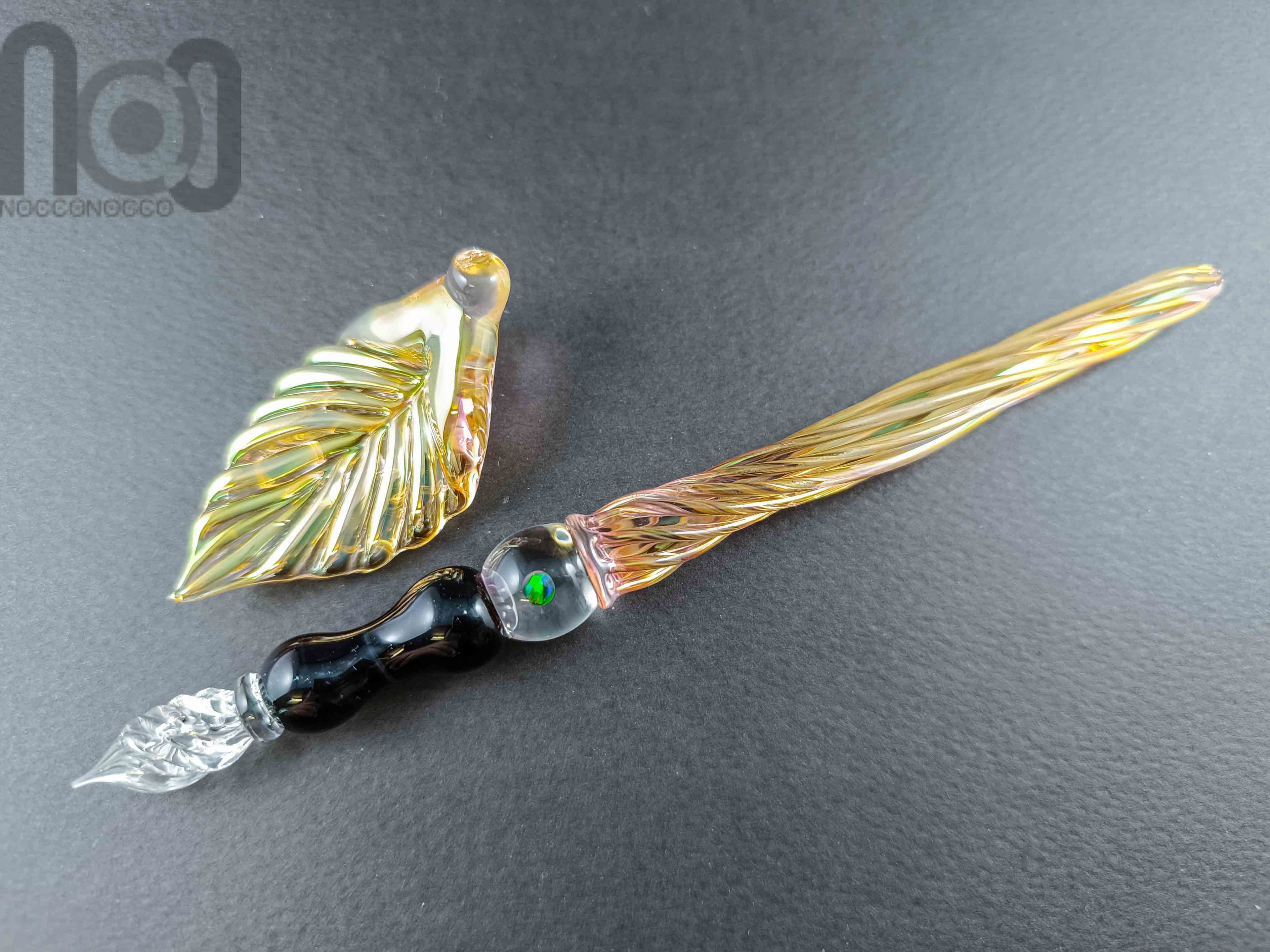 Gold Fumed Dip Pen with Opal, v103 — handmade borosilicate glass by NoccoNocco, detail view 2 of 5, made in Greece