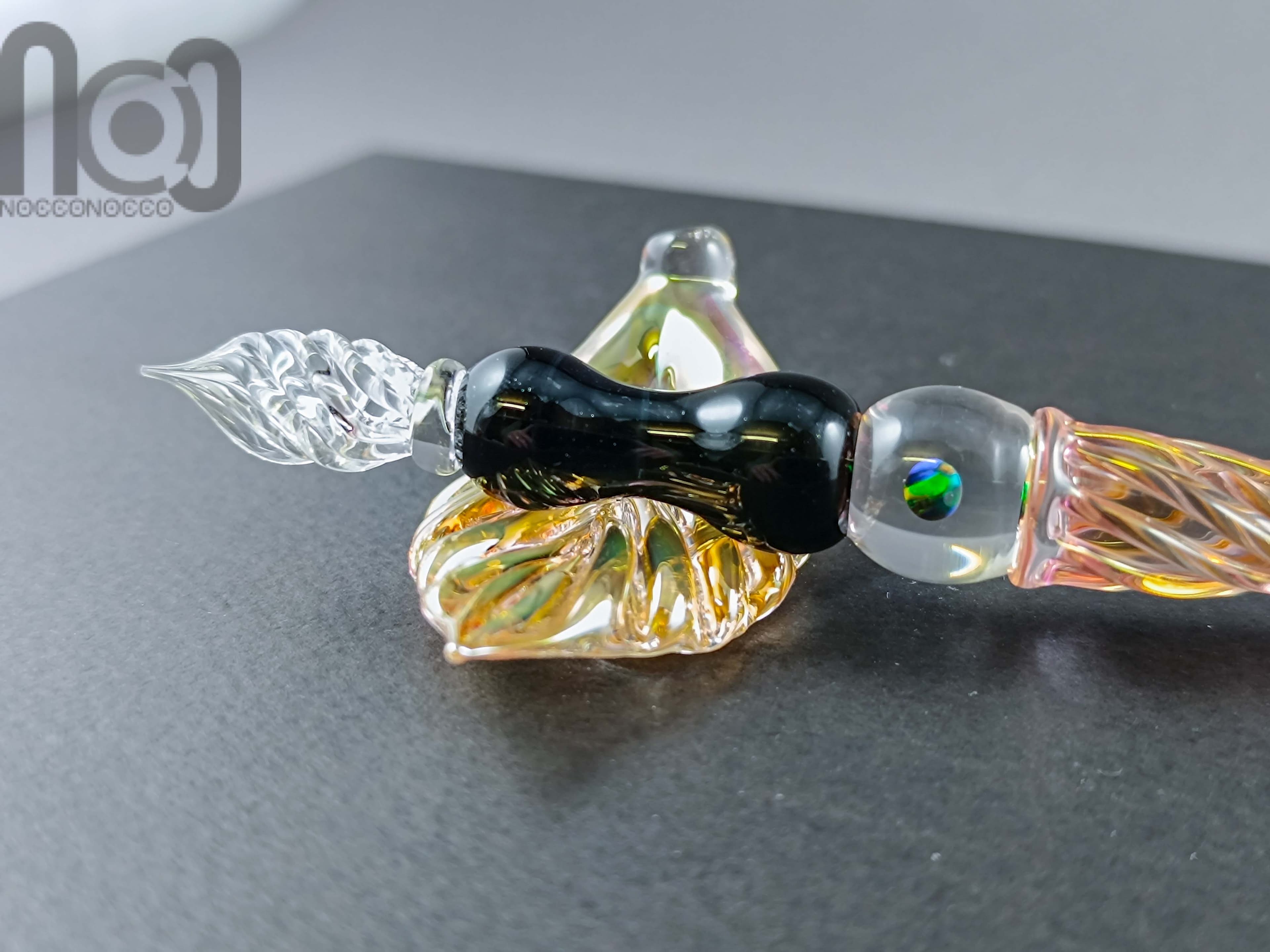 Gold Fumed Dip Pen with Opal, v103 — handmade borosilicate glass by NoccoNocco, detail view 3 of 5, made in Greece