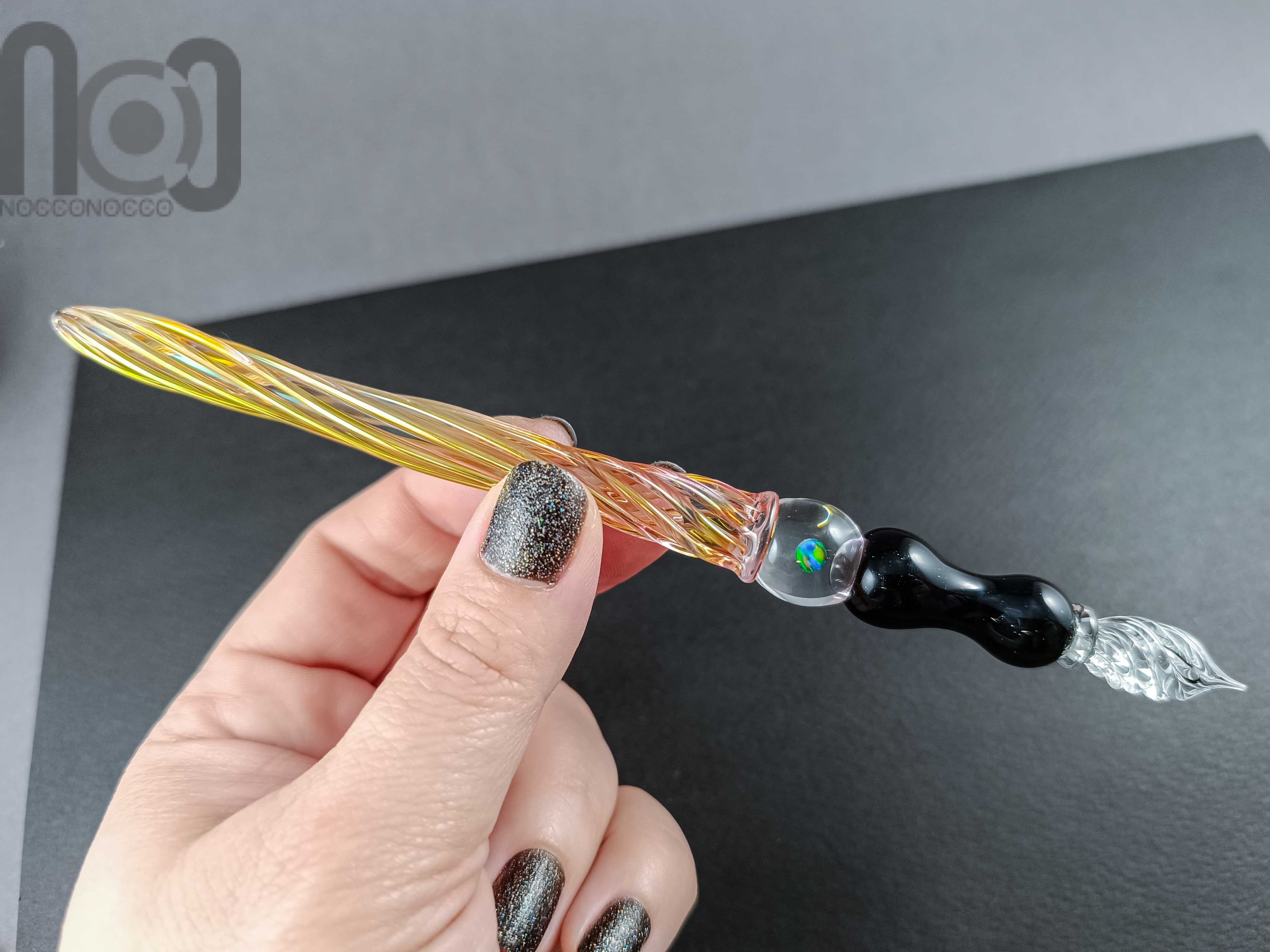 Gold Fumed Dip Pen with Opal, v103 — handmade borosilicate glass by NoccoNocco, detail view 4 of 5, made in Greece