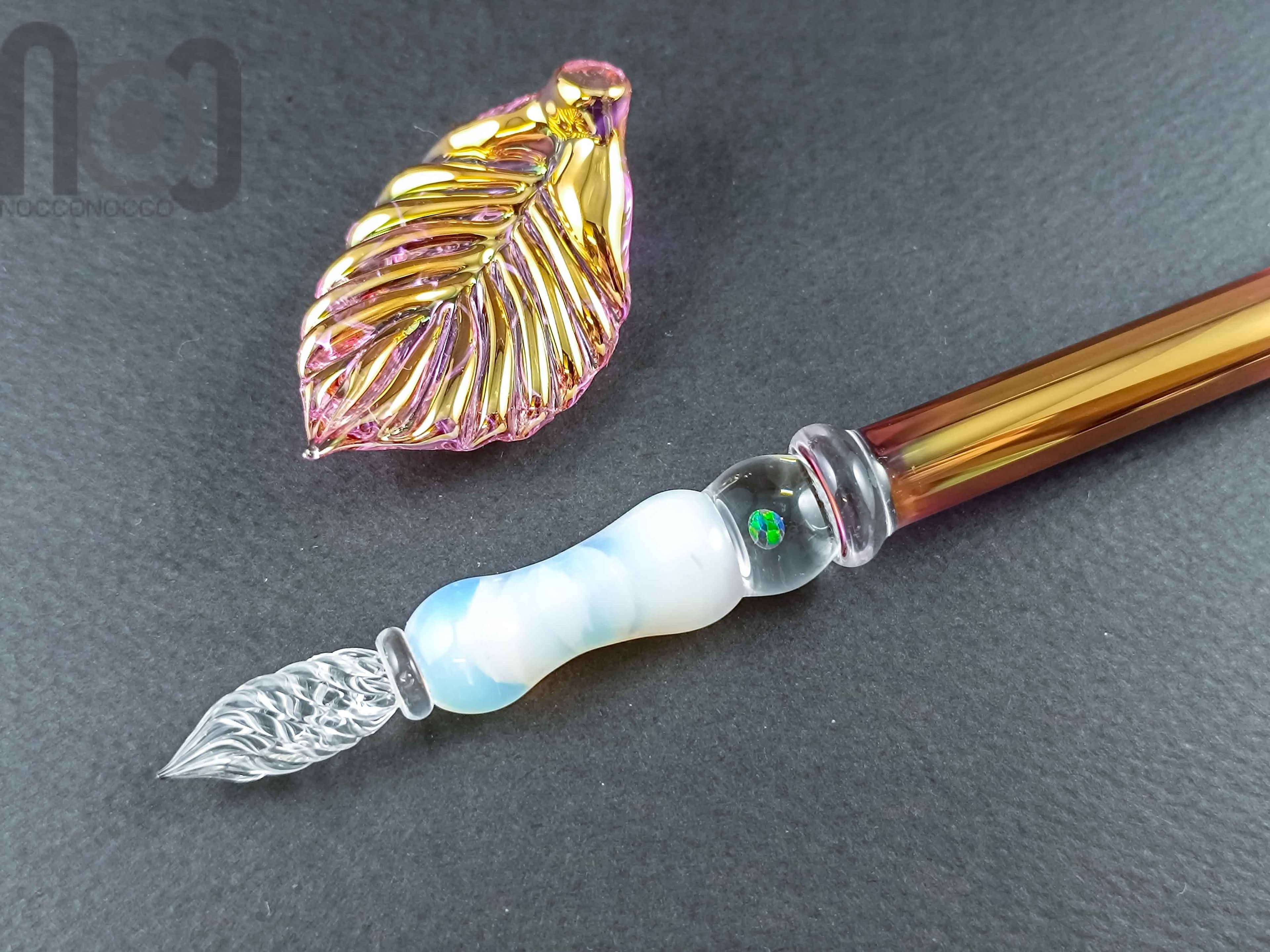 Gold Fumed Dip Pen with Opal, v105 — handmade borosilicate glass by NoccoNocco, main view, made in Greece