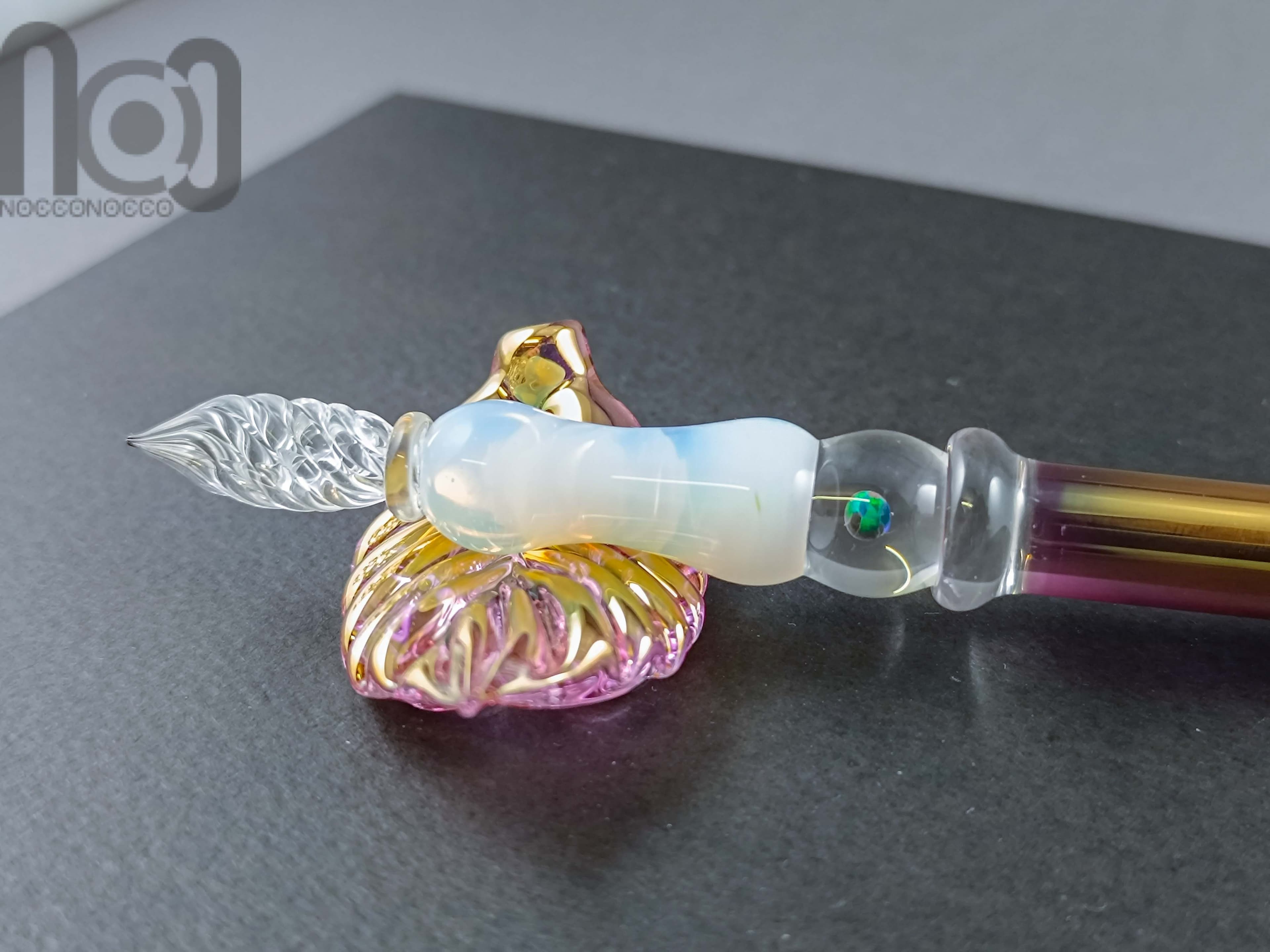 Gold Fumed Dip Pen with Opal, v105 — handmade borosilicate glass by NoccoNocco, detail view 2 of 5, made in Greece
