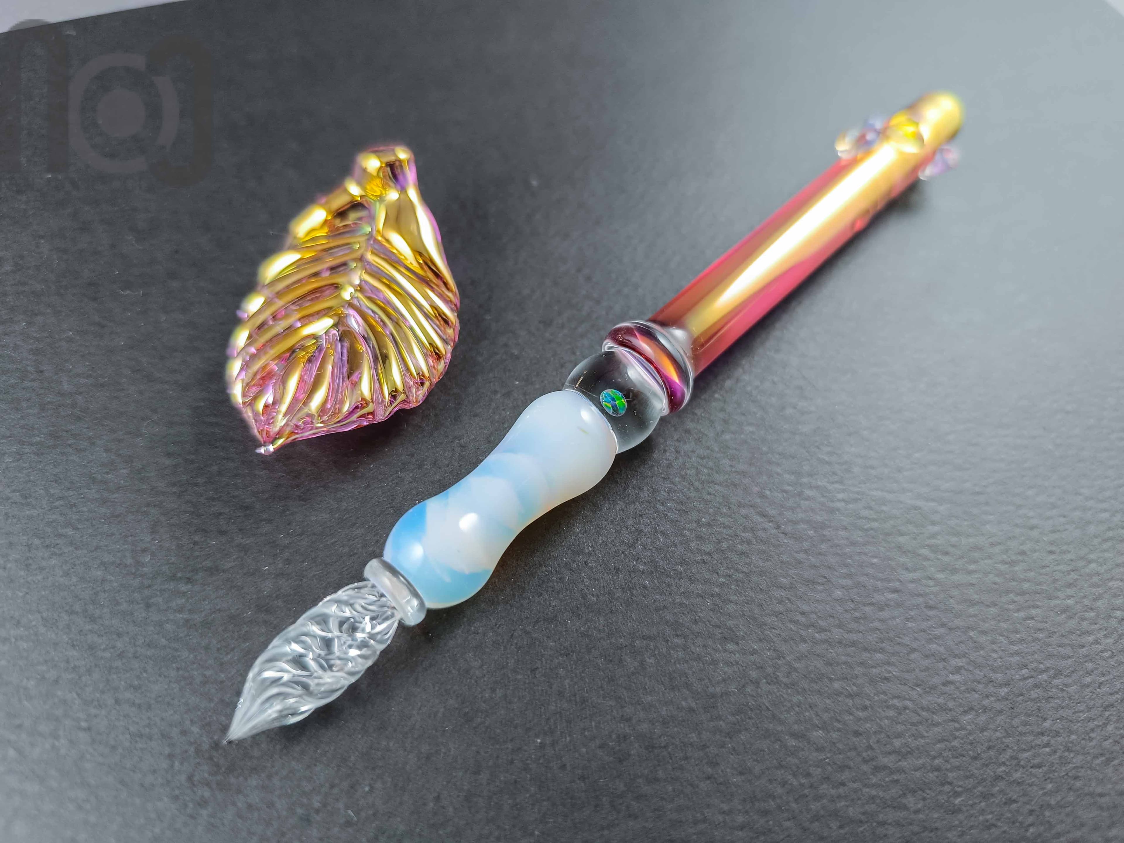 Gold Fumed Dip Pen with Opal, v105 — handmade borosilicate glass by NoccoNocco, detail view 4 of 5, made in Greece