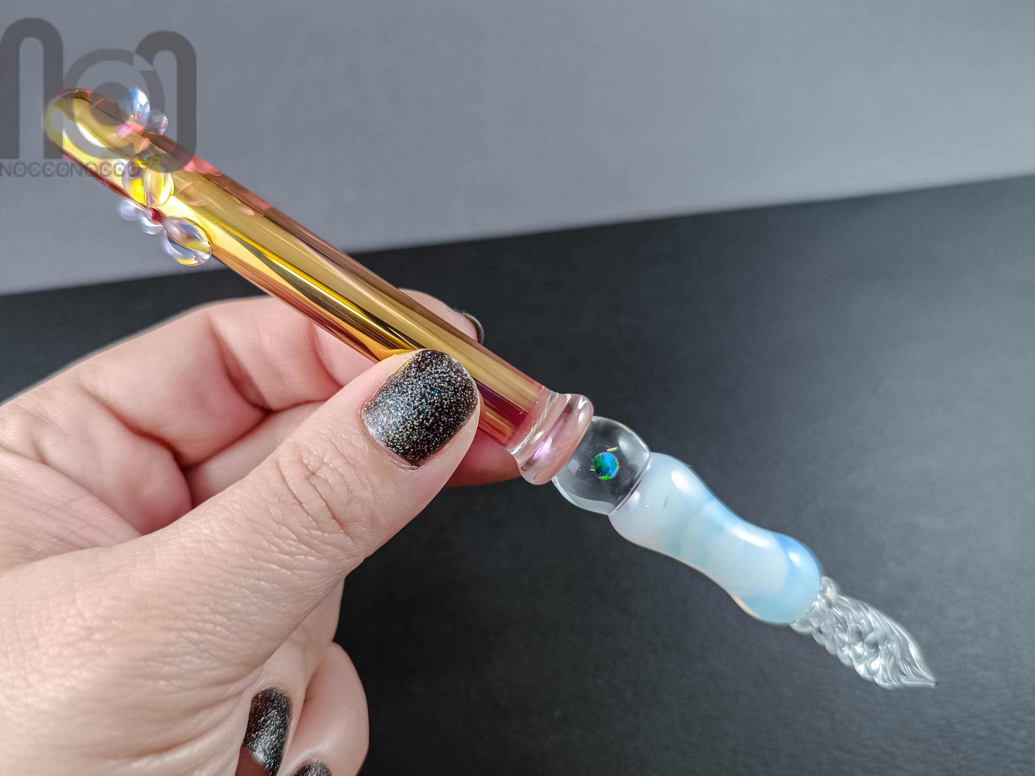 Gold Fumed Dip Pen with Opal, v105 — handmade borosilicate glass by NoccoNocco, detail view 5 of 5, made in Greece
