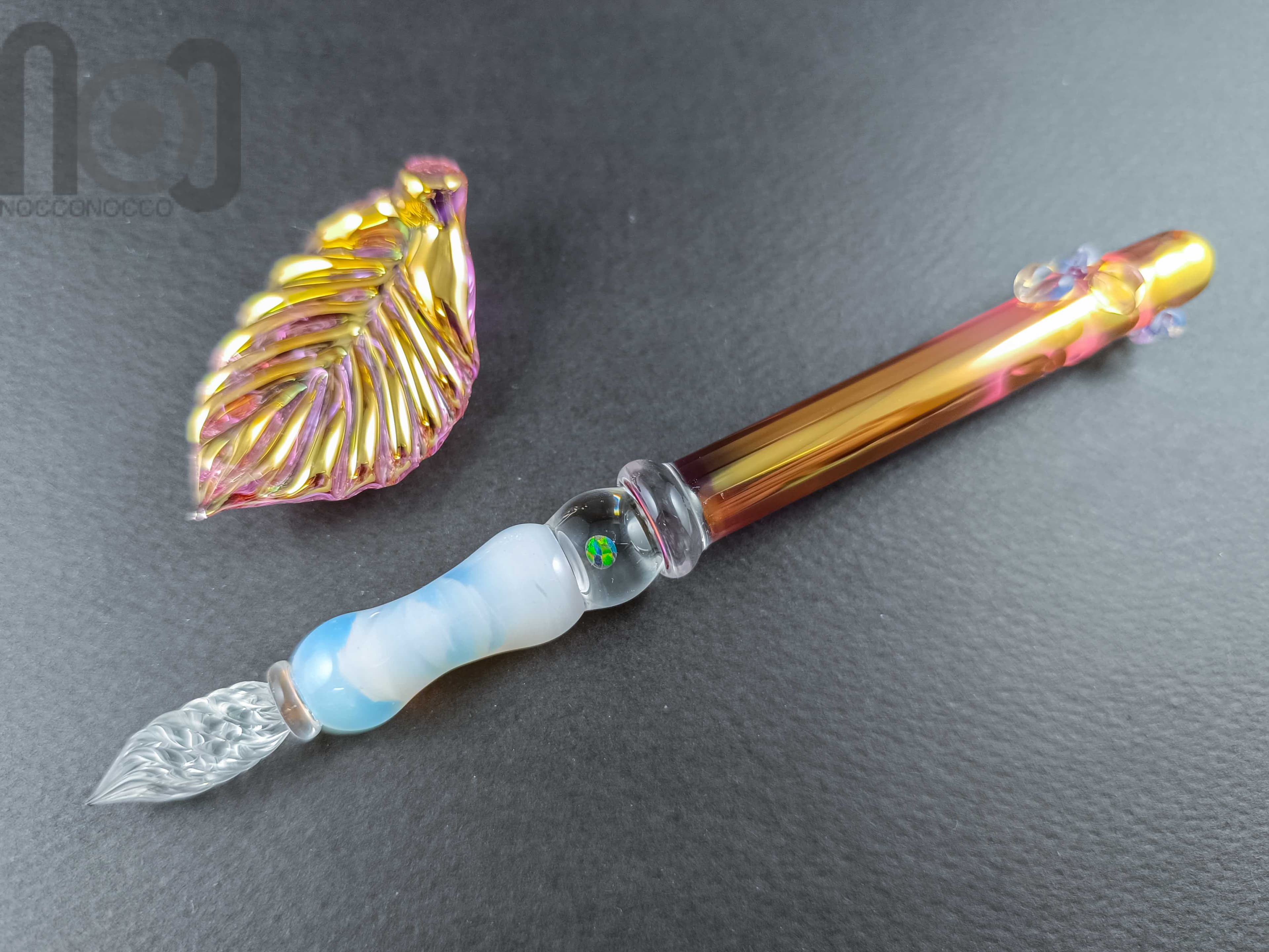 Gold Fumed Dip Pen with Opal, v105 — handmade borosilicate glass by NoccoNocco, detail view 3 of 5, made in Greece