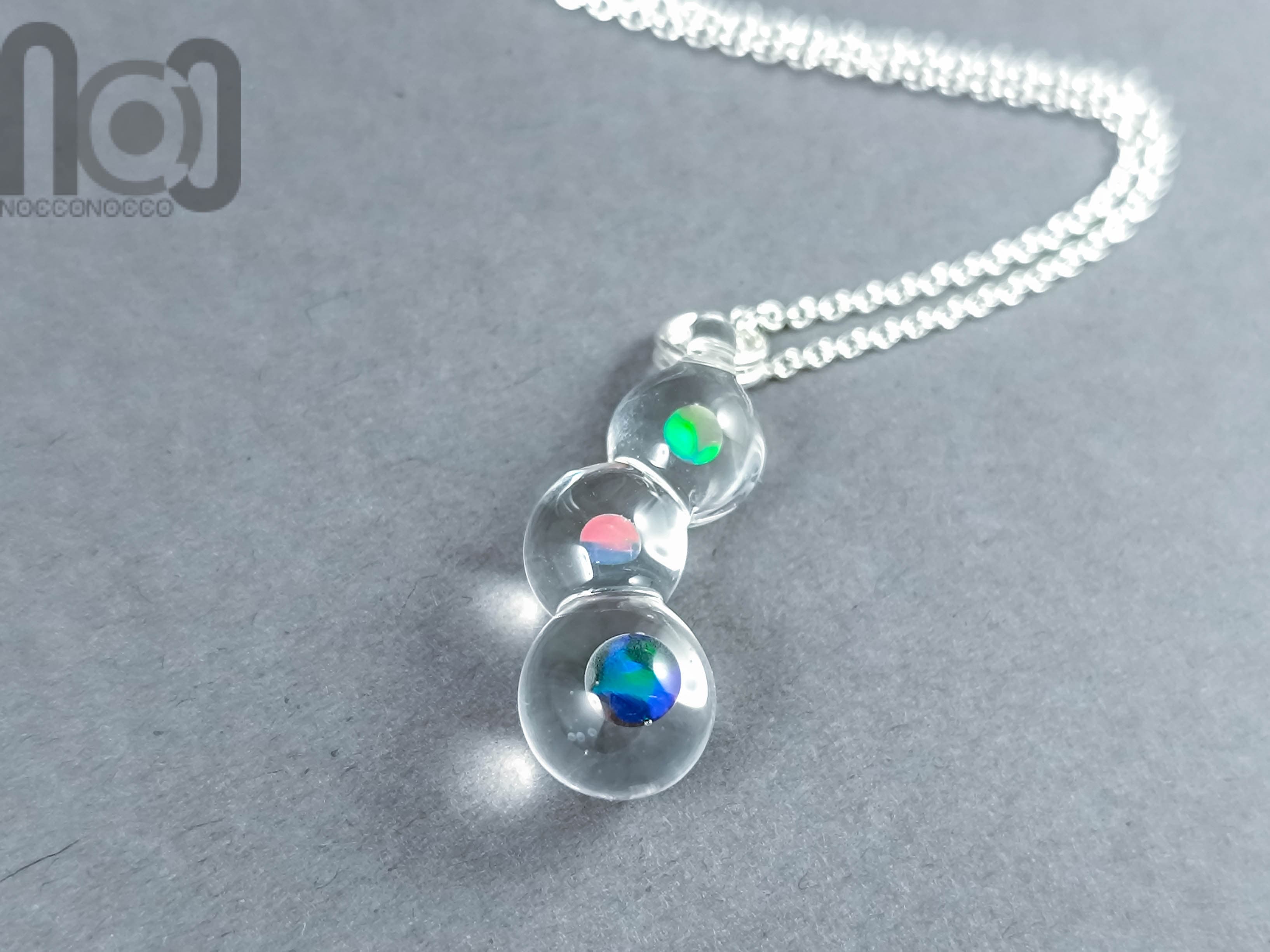 Handmade Glass Pendant with Encased Opals – Borosilicate & Sterling Silver — handmade borosilicate glass by NoccoNocco, main view, made in Greece