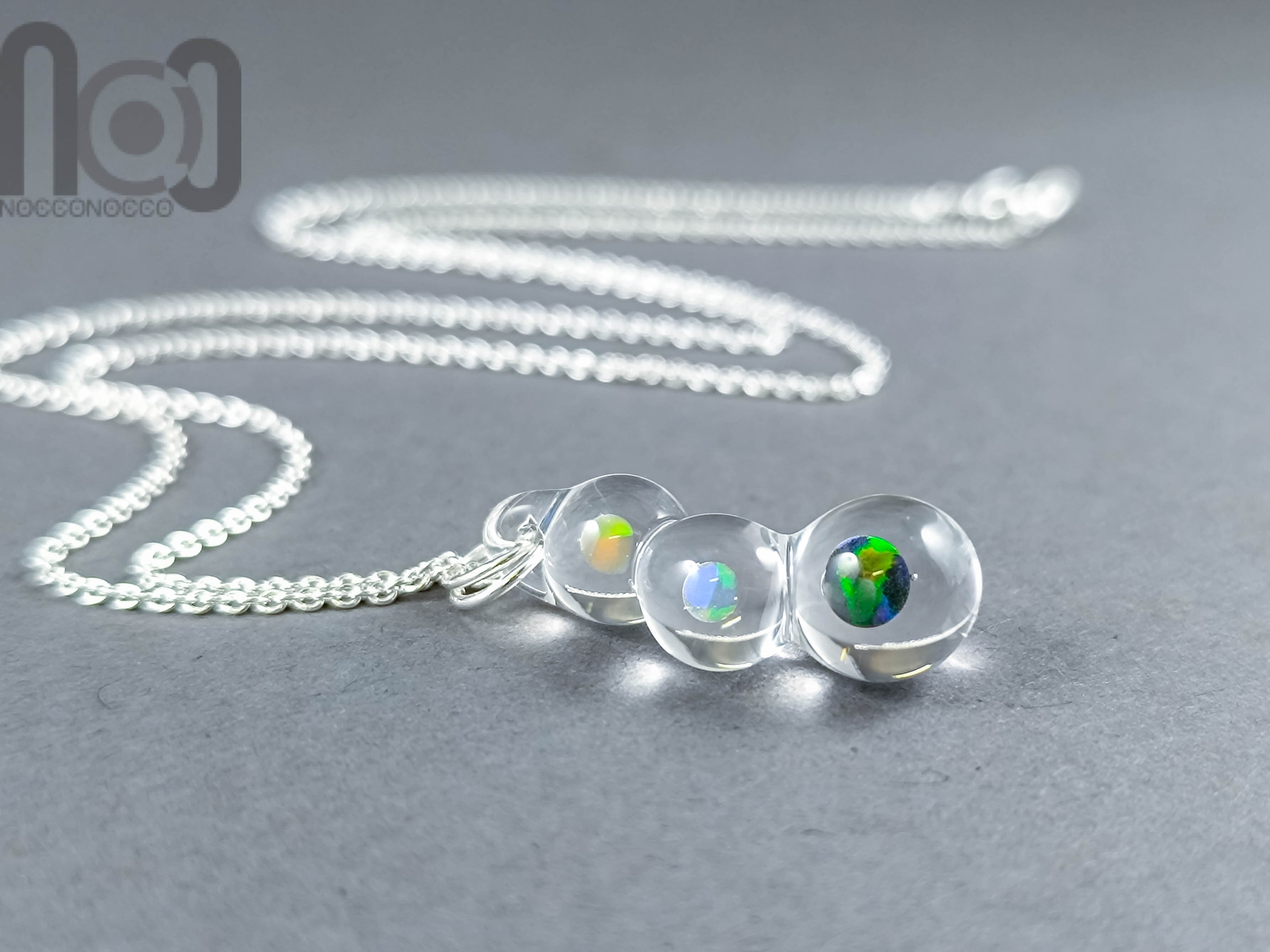 Handmade Glass Pendant with Encased Opals – Borosilicate & Sterling Silver — handmade borosilicate glass by NoccoNocco, detail view 2 of 4, made in Greece