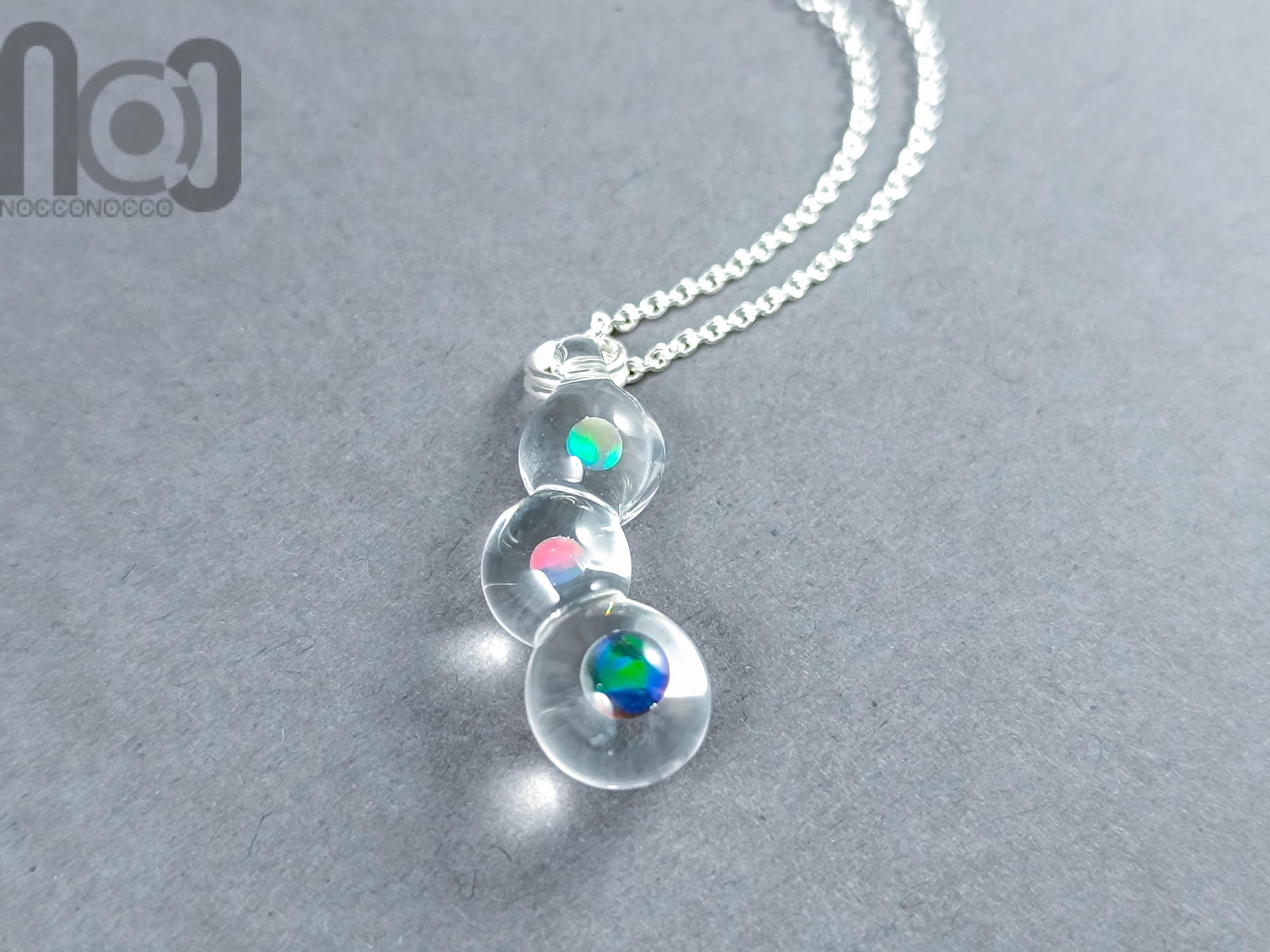 Handmade Glass Pendant with Encased Opals – Borosilicate & Sterling Silver — handmade borosilicate glass by NoccoNocco, detail view 3 of 4, made in Greece