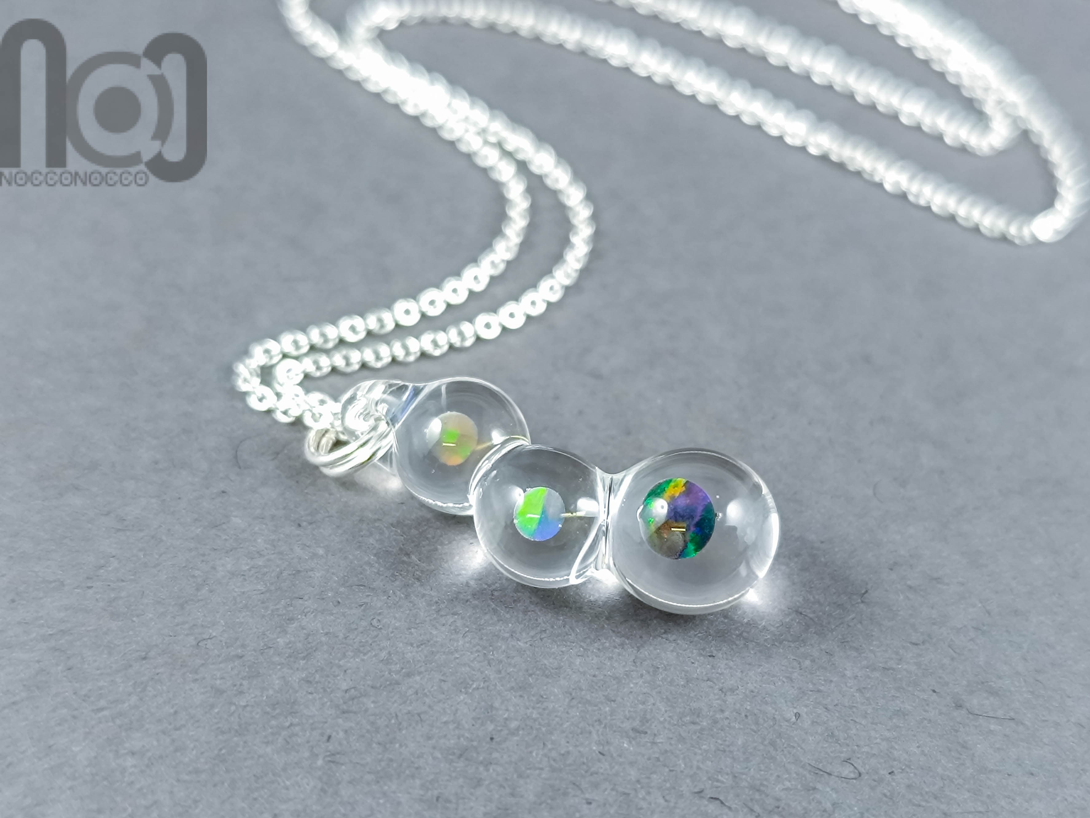 Handmade Glass Pendant with Encased Opals – Borosilicate & Sterling Silver — handmade borosilicate glass by NoccoNocco, detail view 4 of 4, made in Greece