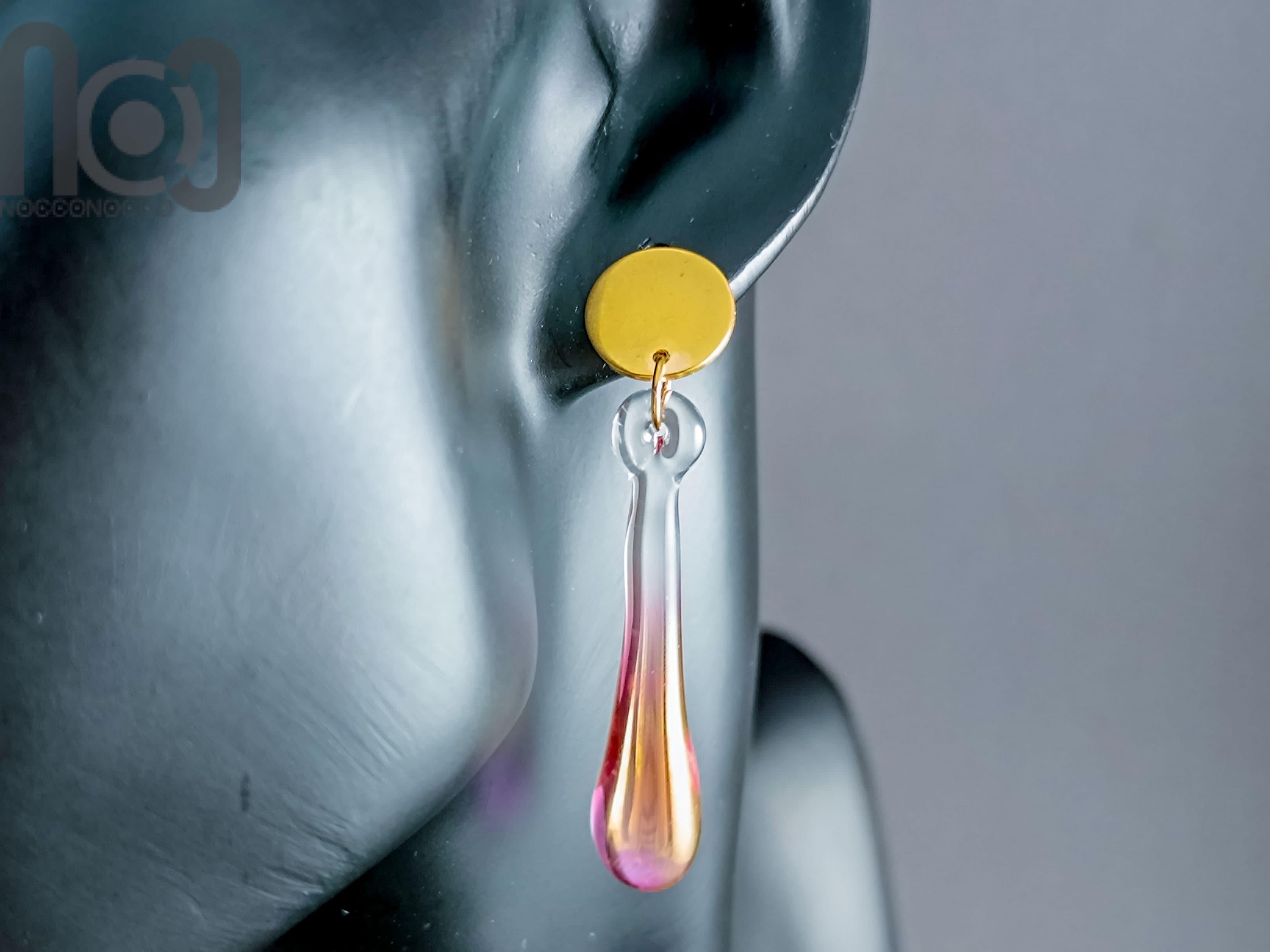 Gold Fumed Earrings, v165 — handmade borosilicate glass by NoccoNocco, detail view 2 of 4, made in Greece