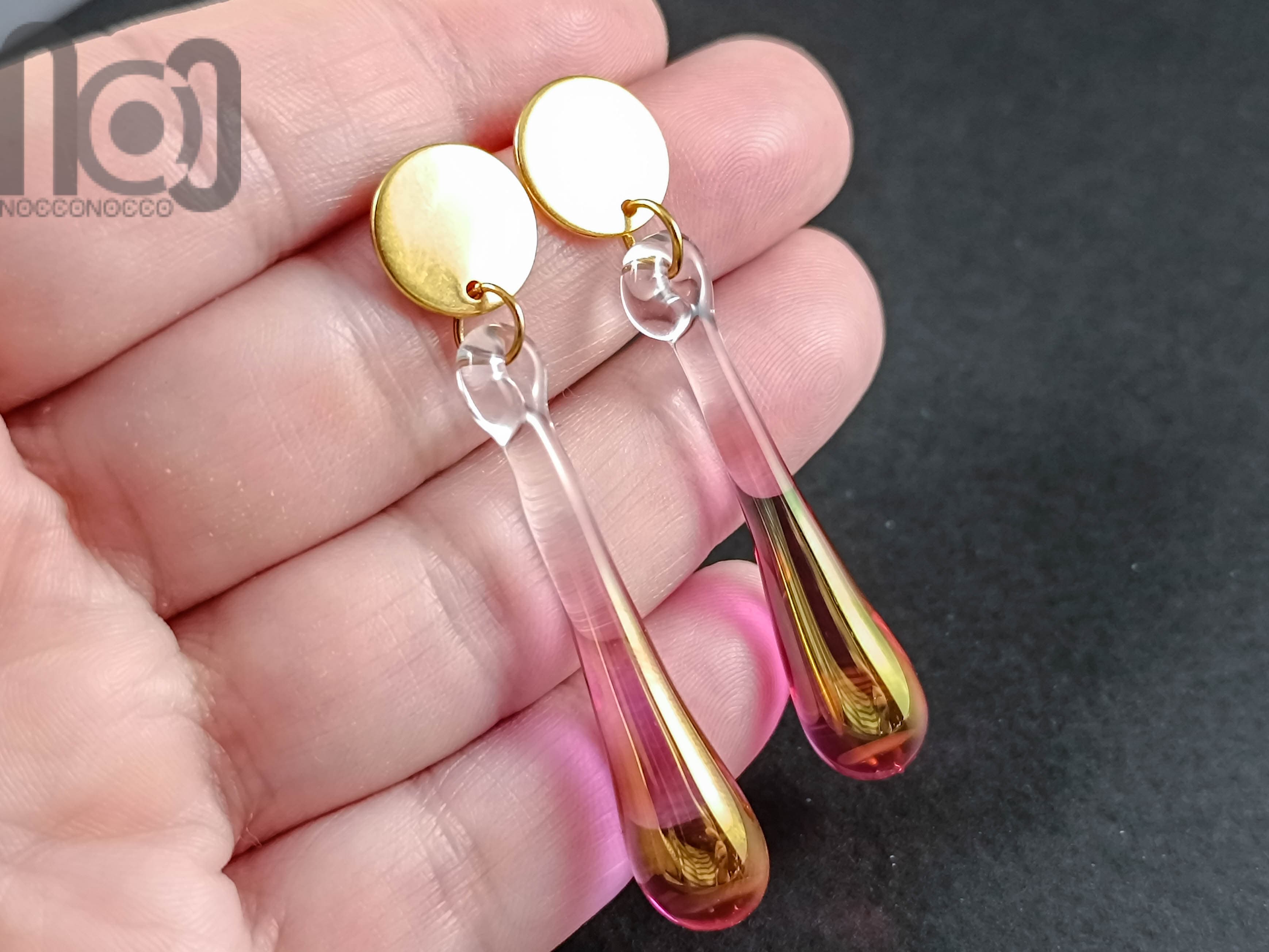 Gold Fumed Earrings, v165 — handmade borosilicate glass by NoccoNocco, detail view 3 of 4, made in Greece