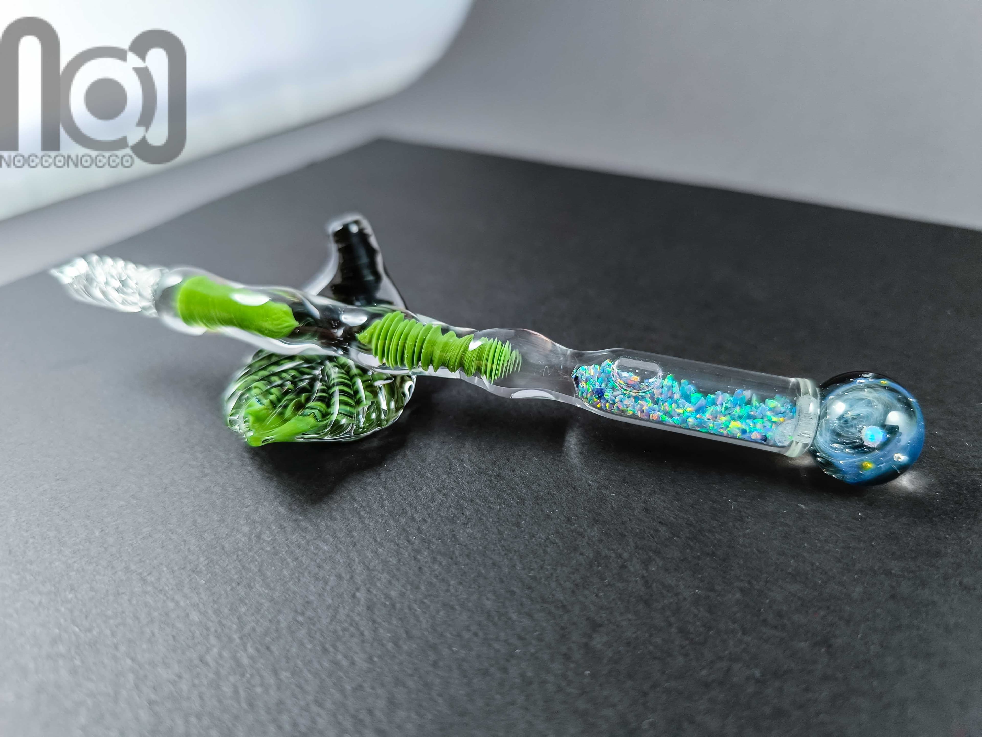 Dip Pen with Crushed Opal and Galaxy, v111 — handmade borosilicate glass by NoccoNocco, main view, made in Greece