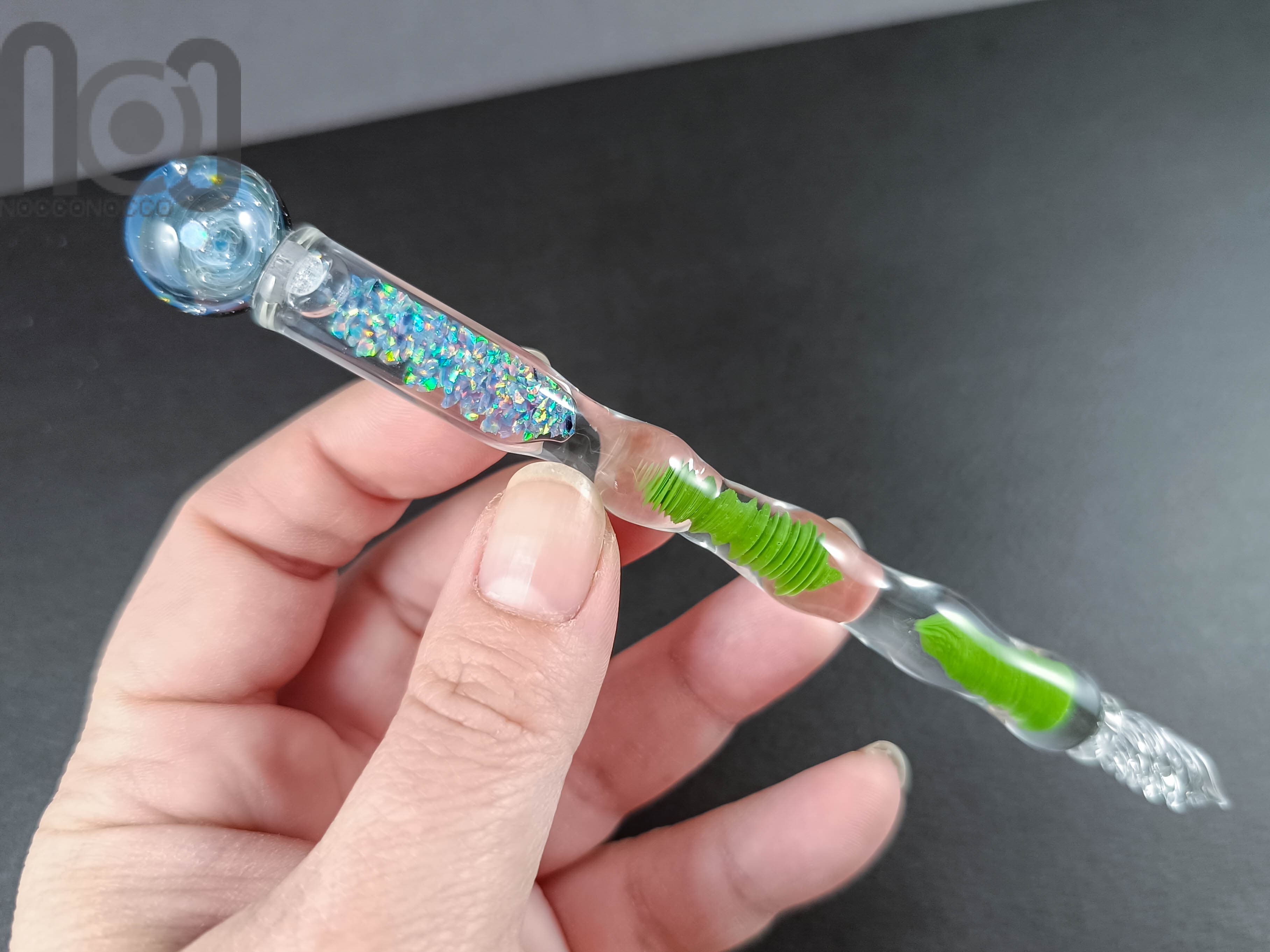 Dip Pen with Crushed Opal and Galaxy, v111 — handmade borosilicate glass by NoccoNocco, detail view 4 of 4, made in Greece