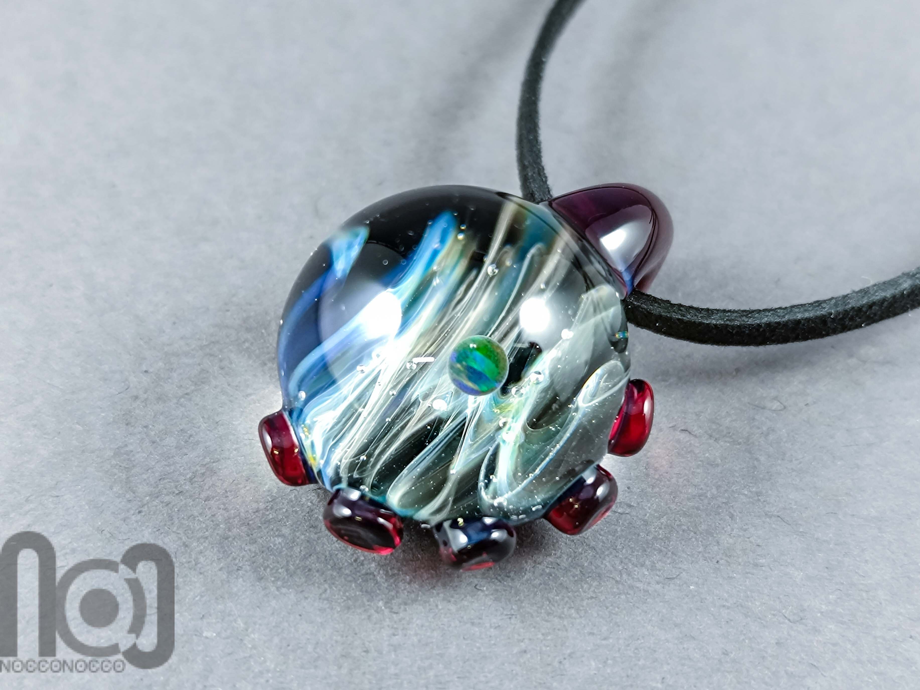 Heady Glass Galaxy Pendant with Opal Planet, v327 — handmade borosilicate glass by NoccoNocco, main view, made in Greece