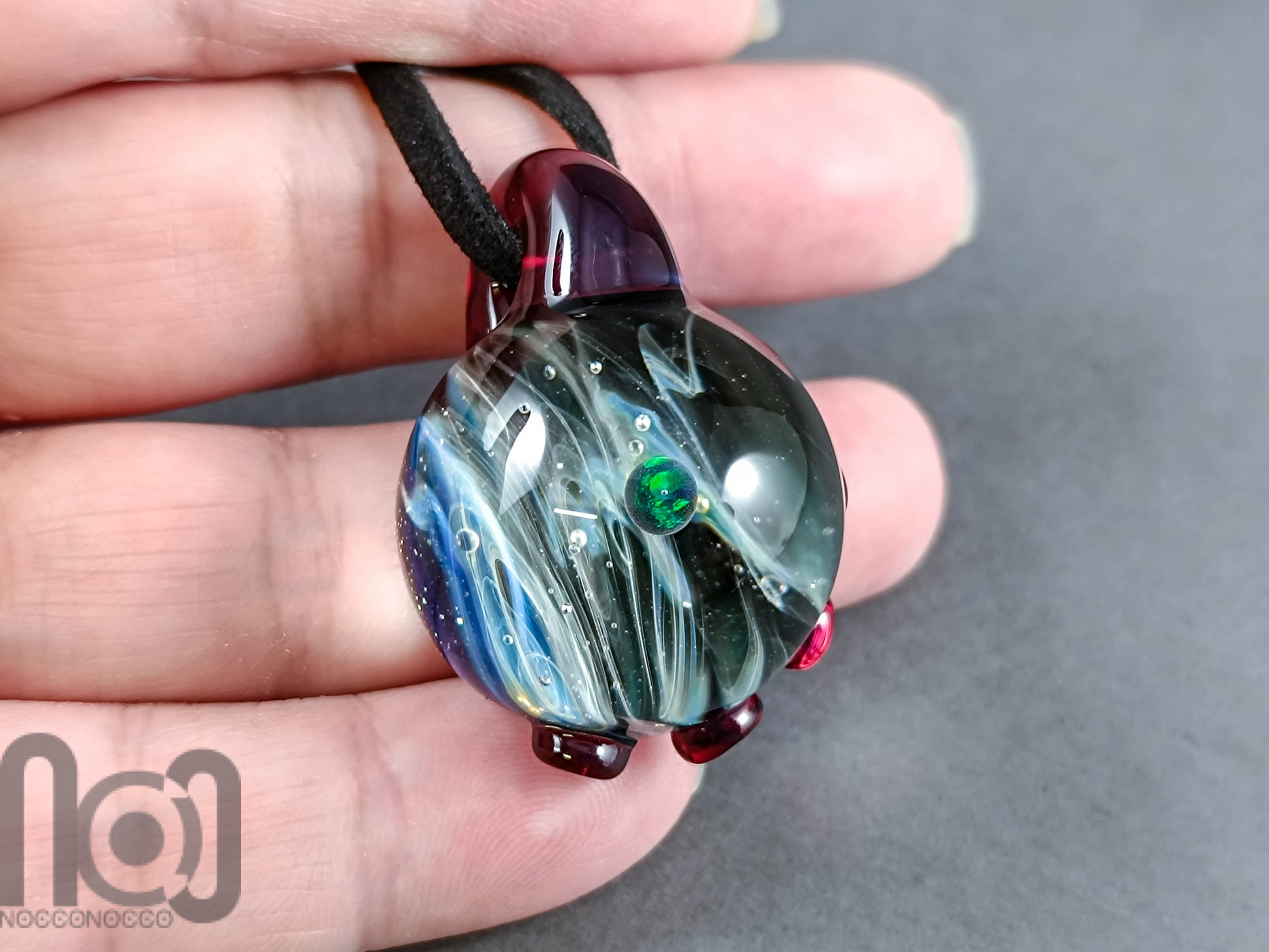 Heady Glass Galaxy Pendant with Opal Planet, v327 — handmade borosilicate glass by NoccoNocco, detail view 3 of 4, made in Greece