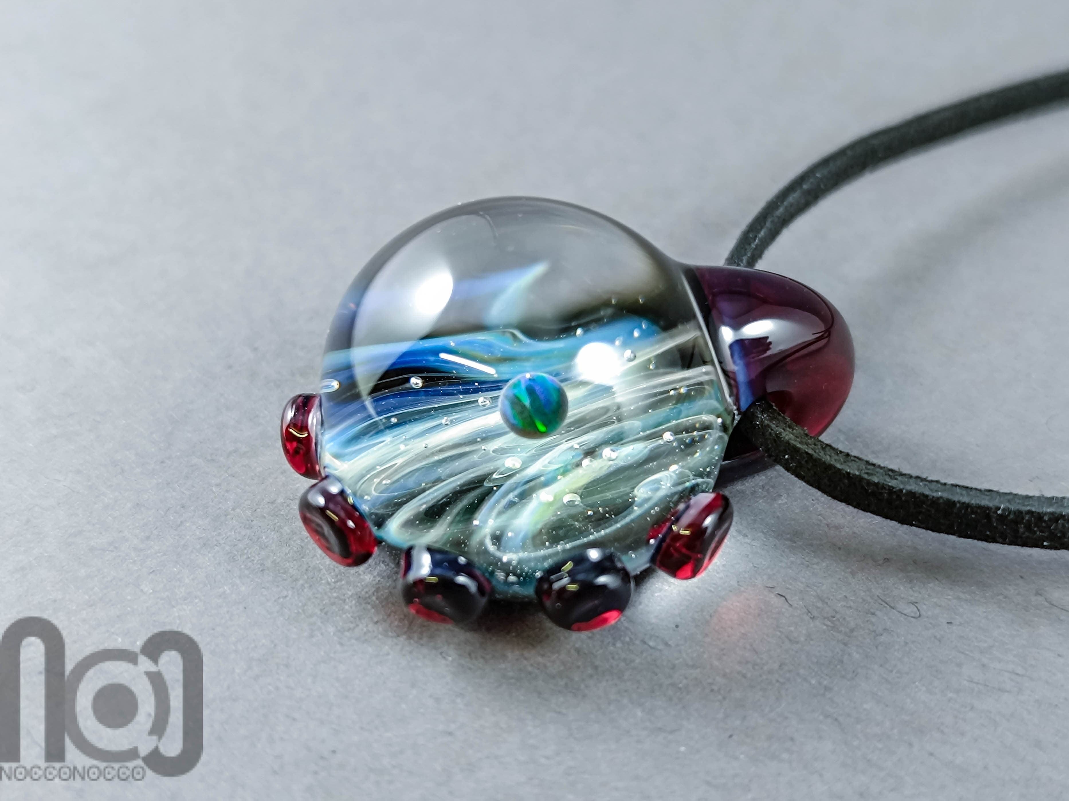 Heady Glass Galaxy Pendant with Opal Planet, v327 — handmade borosilicate glass by NoccoNocco, detail view 2 of 4, made in Greece