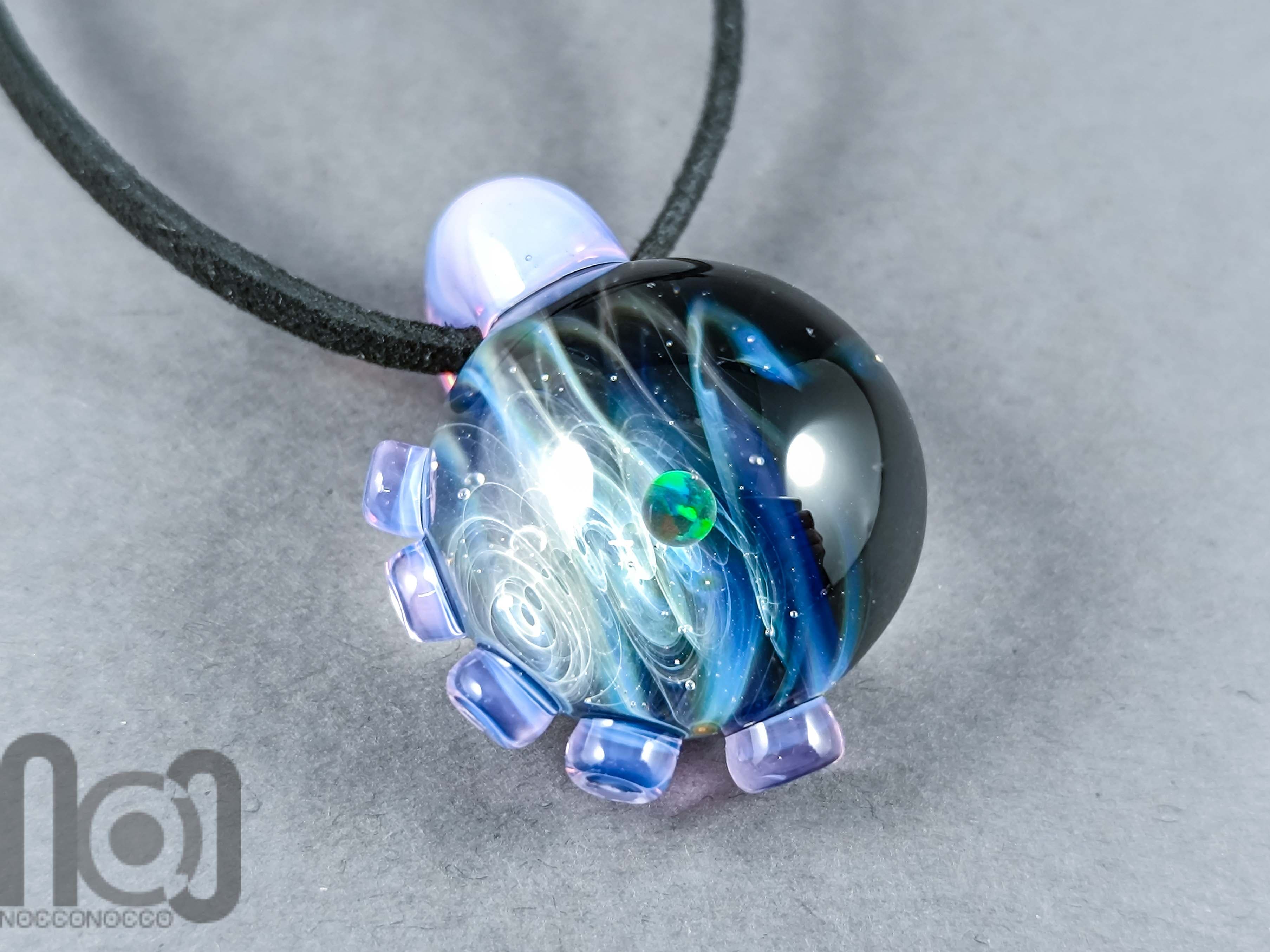 Heady Glass Galaxy Pendant with Opal Planet, v331 — handmade borosilicate glass by NoccoNocco, detail view 3 of 4, made in Greece