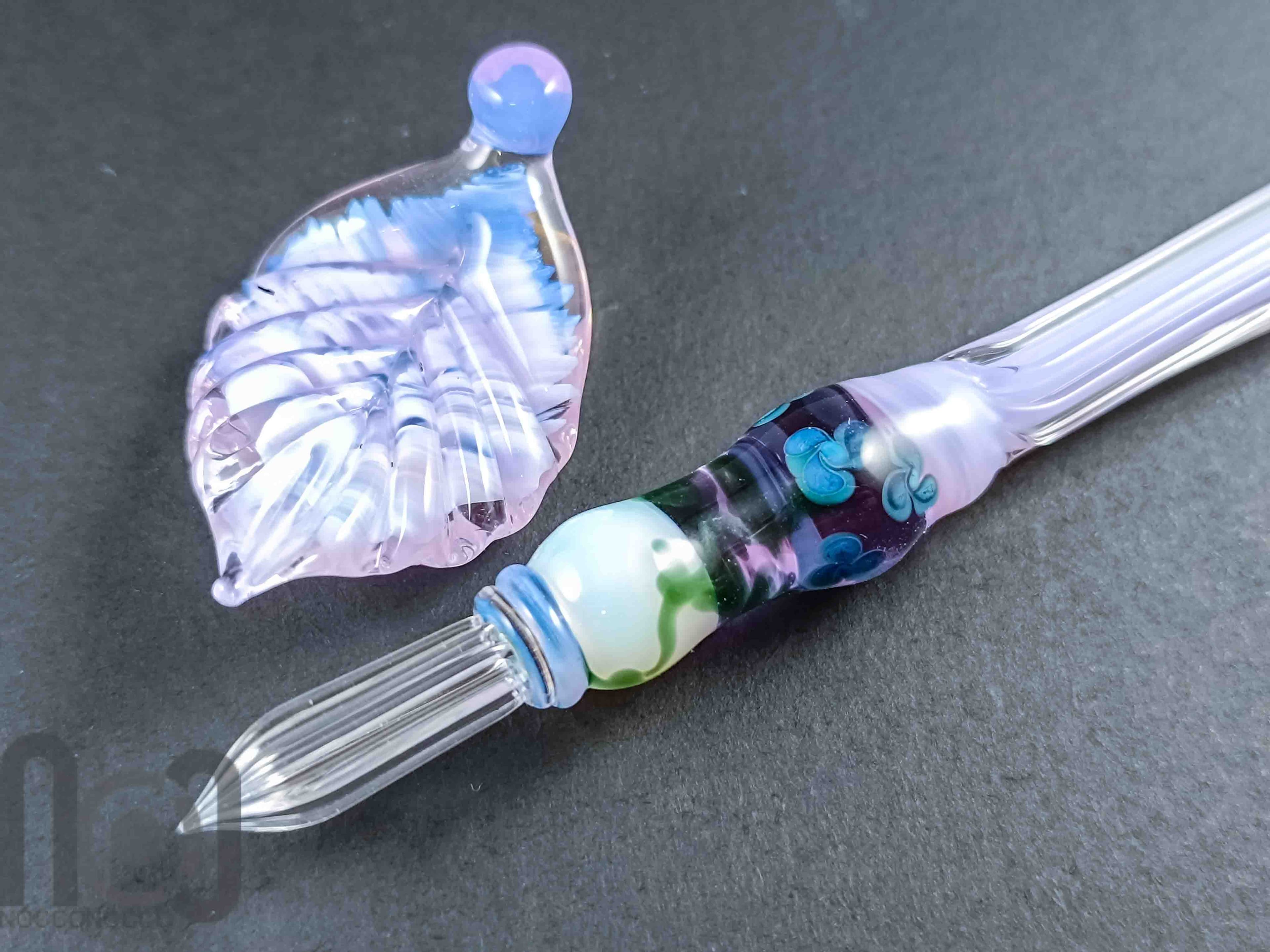 Handmade Glass Dip Pen with Floral Design and Pen Pillow — handmade borosilicate glass by NoccoNocco, main view, made in Greece