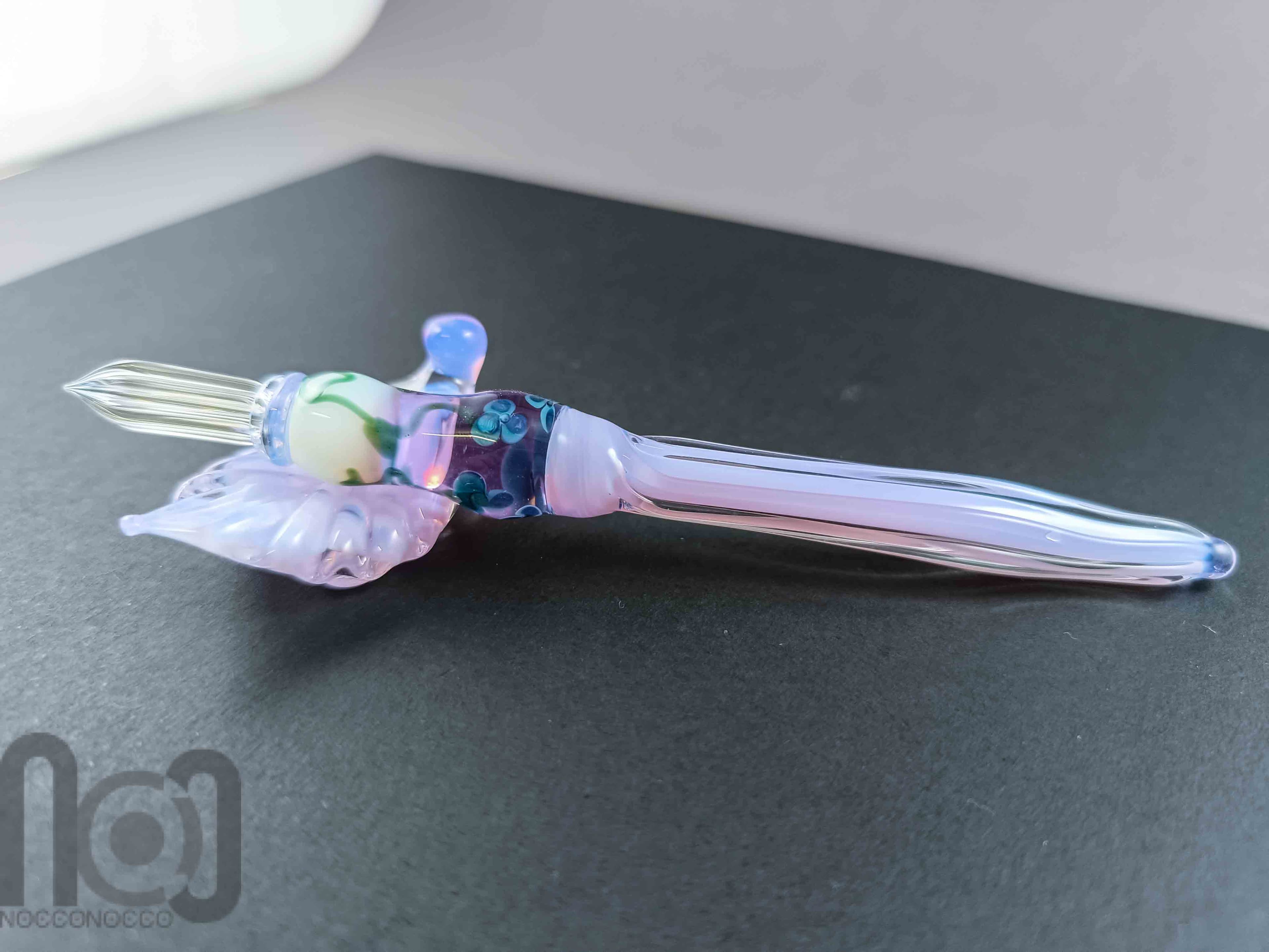 Handmade Glass Dip Pen with Floral Design and Pen Pillow — handmade borosilicate glass by NoccoNocco, detail view 4 of 4, made in Greece