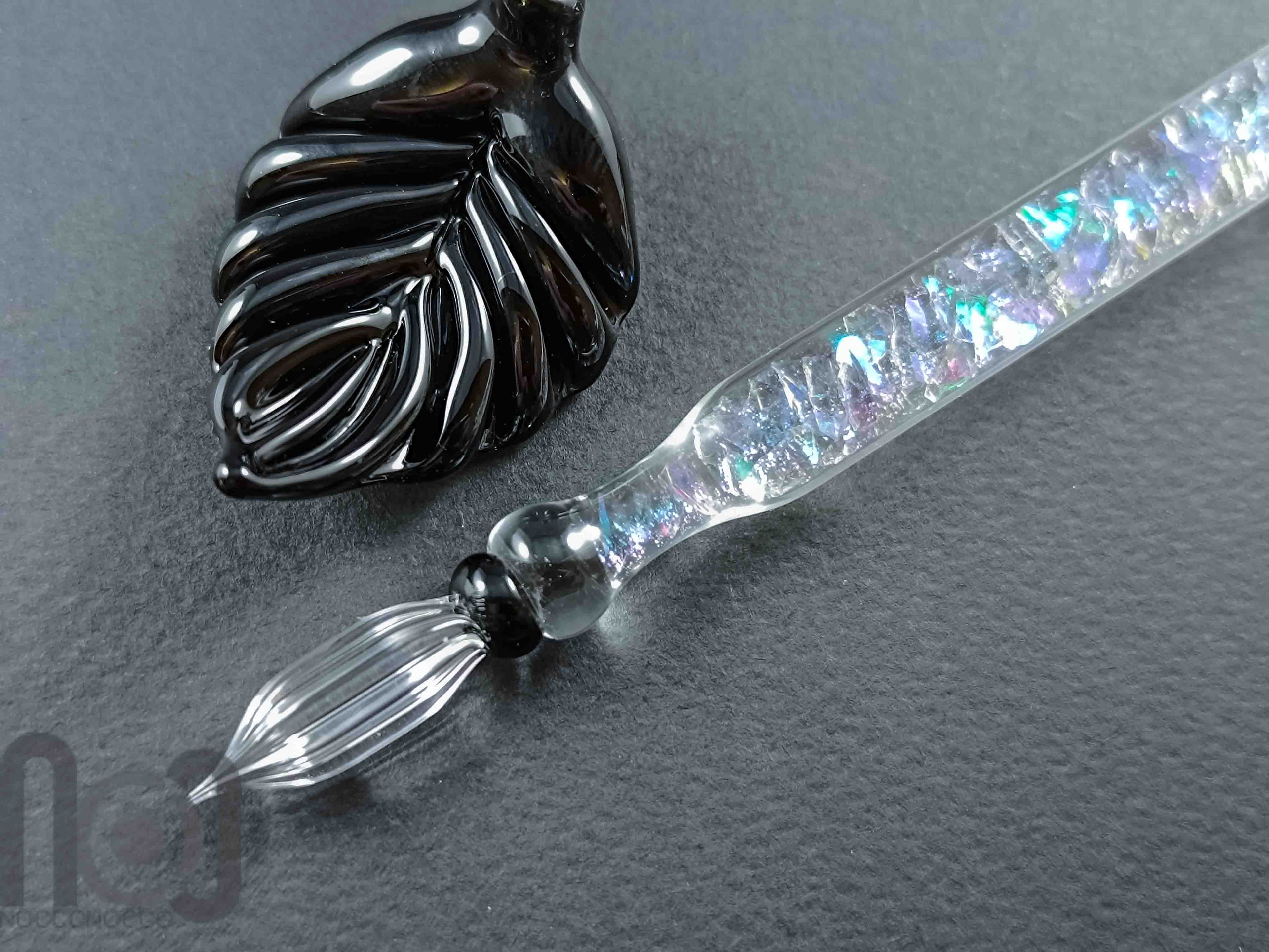 Handmade Glass Dip Pen with Dichroic Glass and Leaf Pillow — handmade borosilicate glass by NoccoNocco, main view, made in Greece