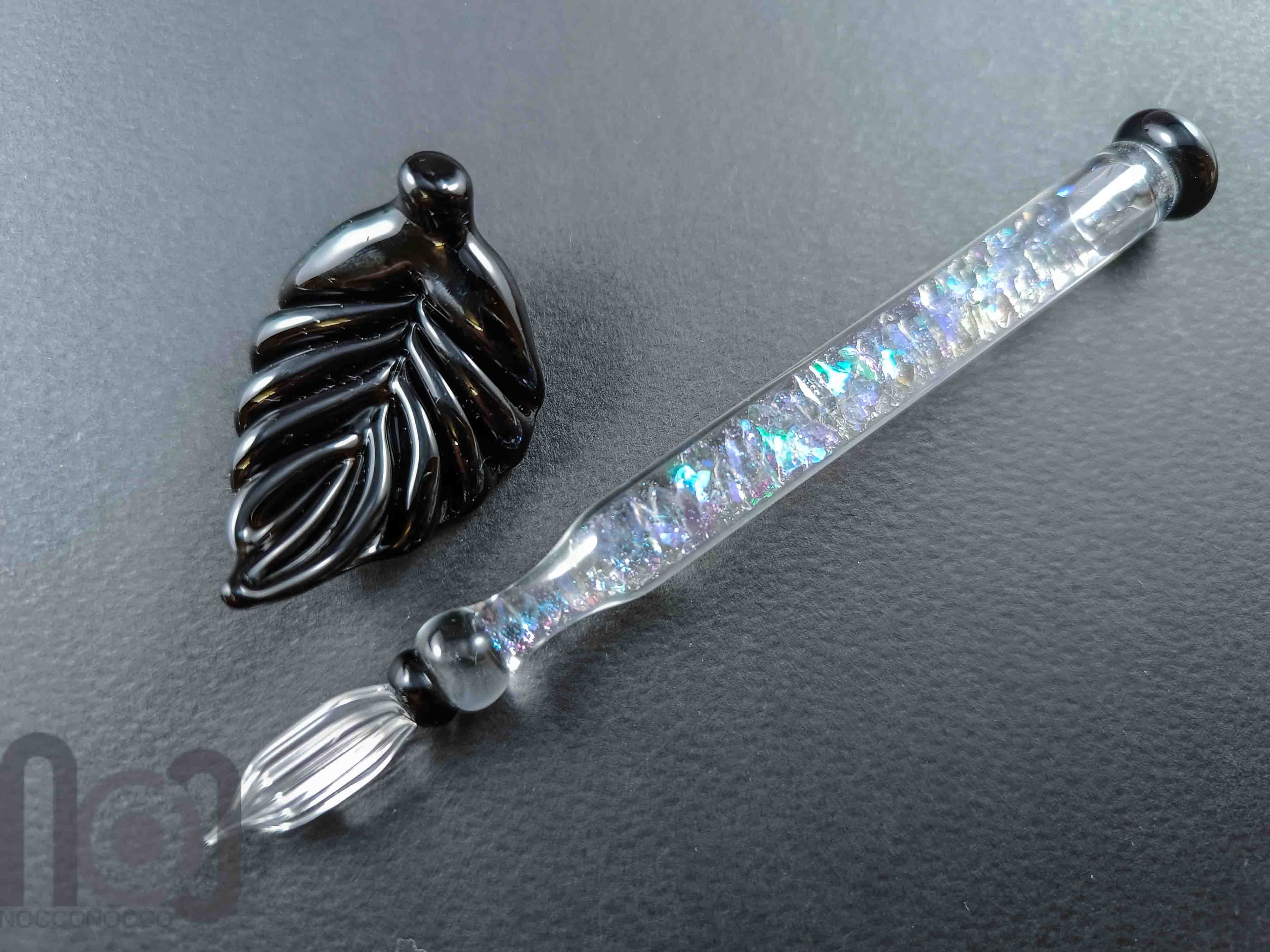 Handmade Glass Dip Pen with Dichroic Glass and Leaf Pillow — handmade borosilicate glass by NoccoNocco, detail view 2 of 6, made in Greece