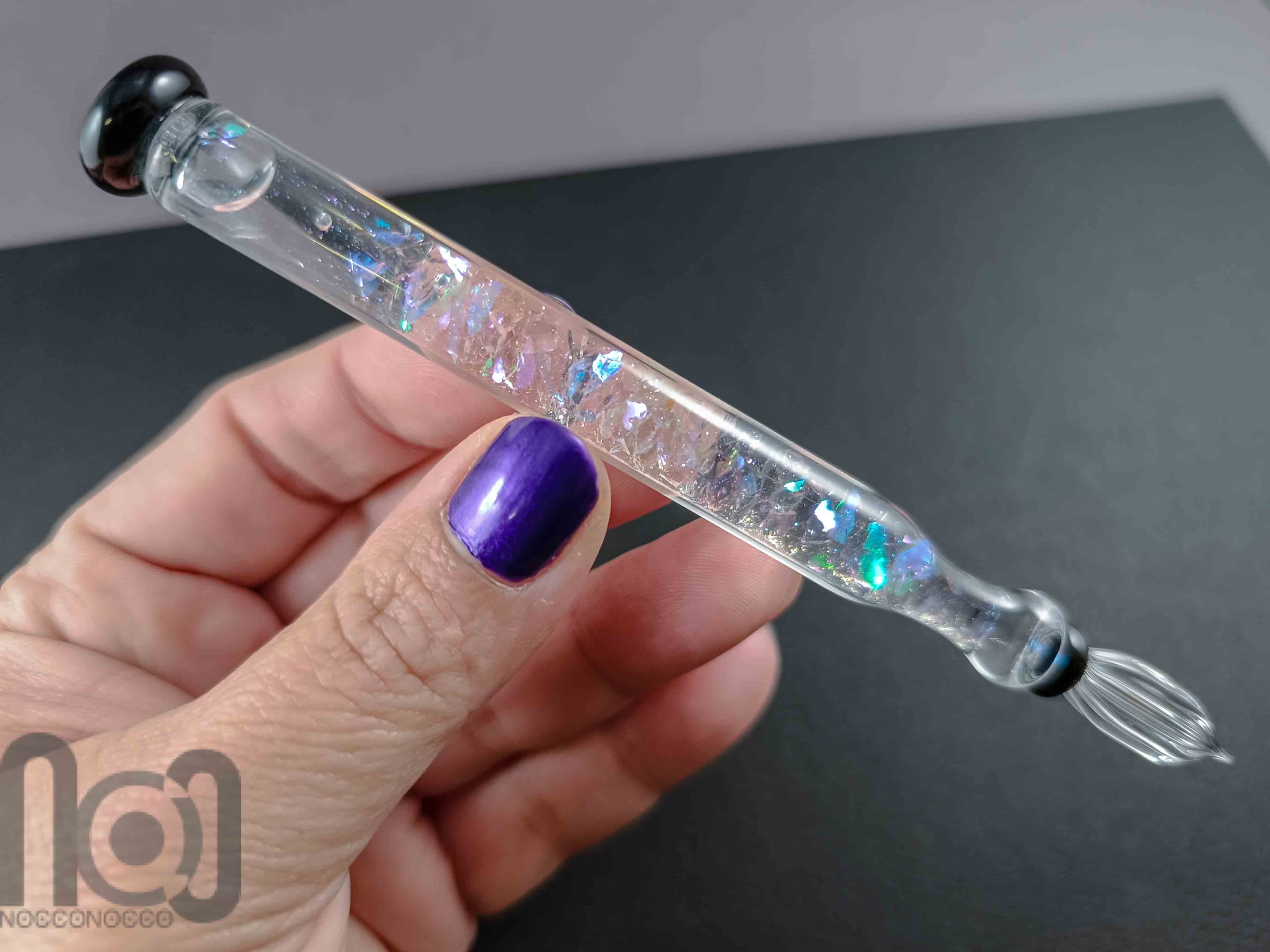 Handmade Glass Dip Pen with Dichroic Glass and Leaf Pillow — handmade borosilicate glass by NoccoNocco, detail view 3 of 6, made in Greece