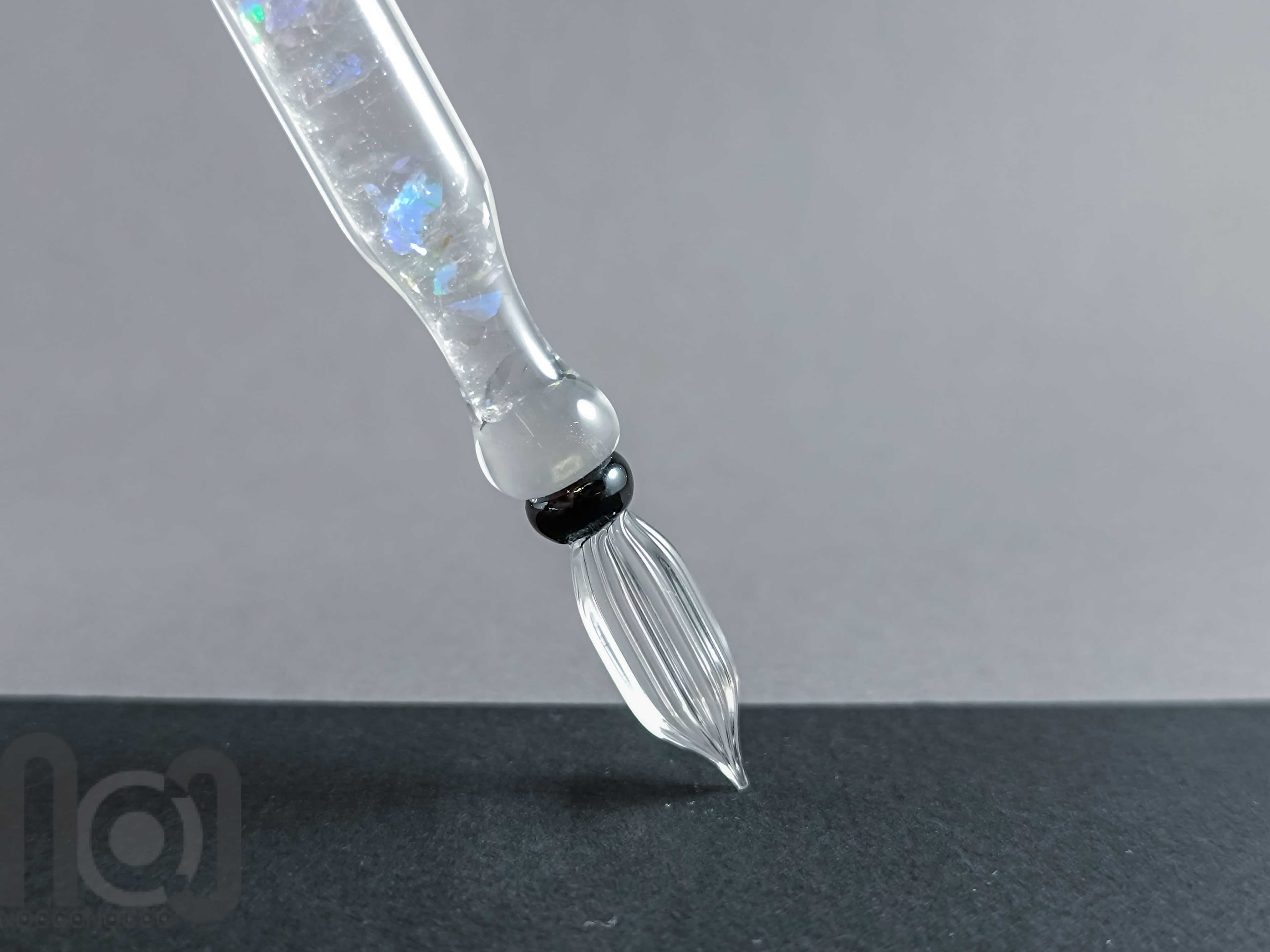 Handmade Glass Dip Pen with Dichroic Glass and Leaf Pillow — handmade borosilicate glass by NoccoNocco, detail view 5 of 6, made in Greece
