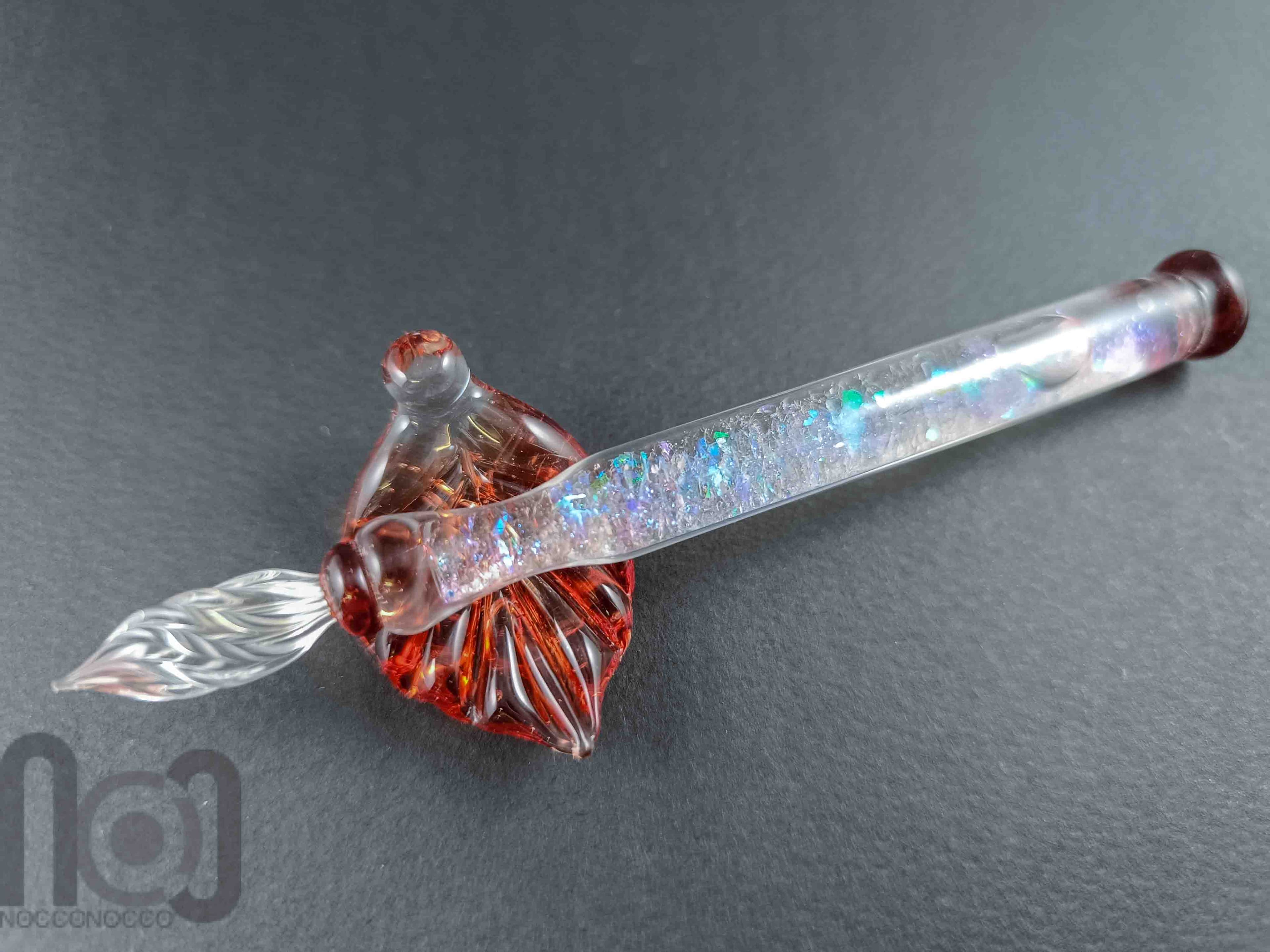 Handmade Glass Dip Pen with Dichroic Glass and Leaf Pillow — handmade borosilicate glass by NoccoNocco, detail view 2 of 5, made in Greece