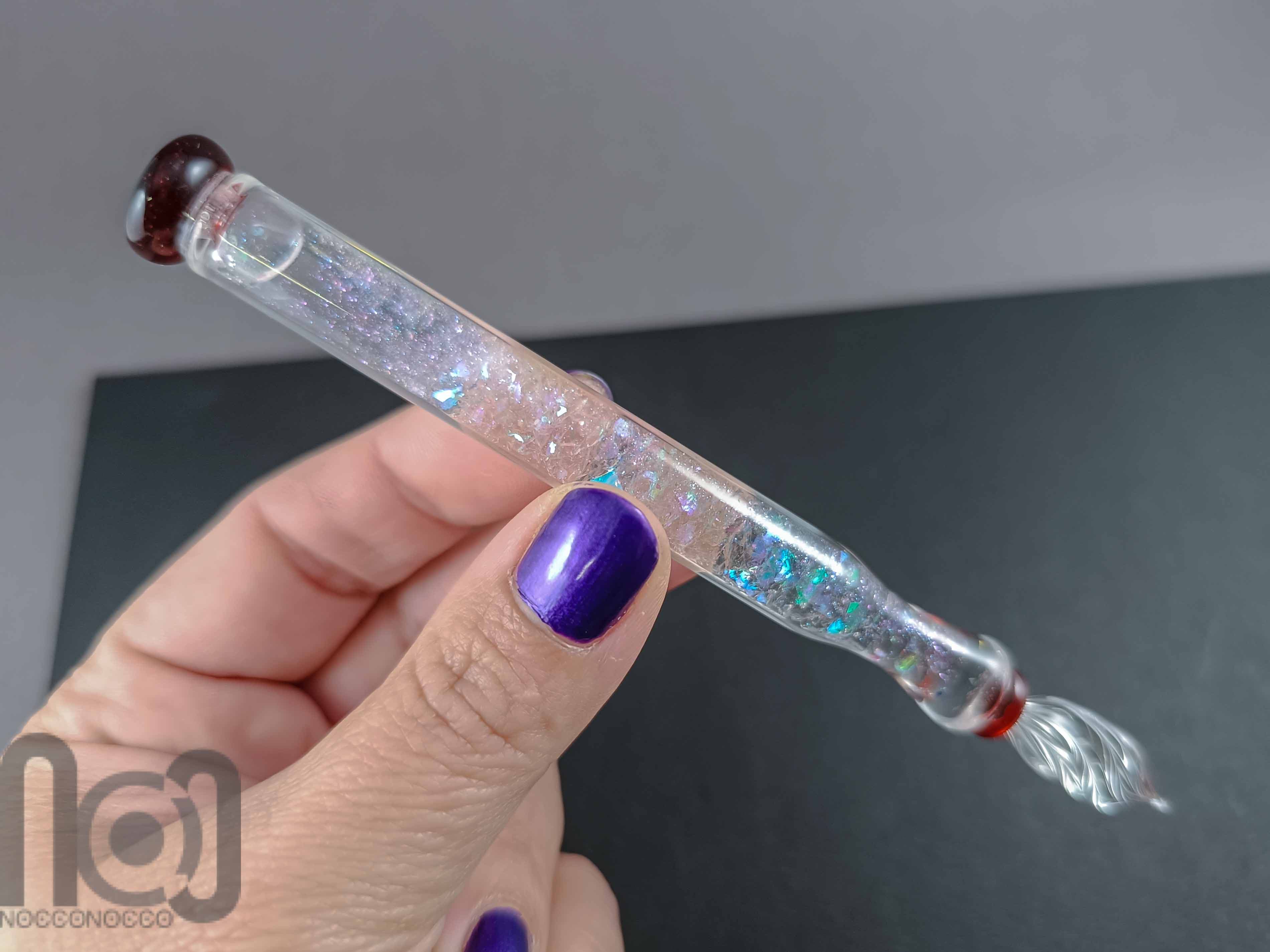 Handmade Glass Dip Pen with Dichroic Glass and Leaf Pillow — handmade borosilicate glass by NoccoNocco, detail view 5 of 5, made in Greece