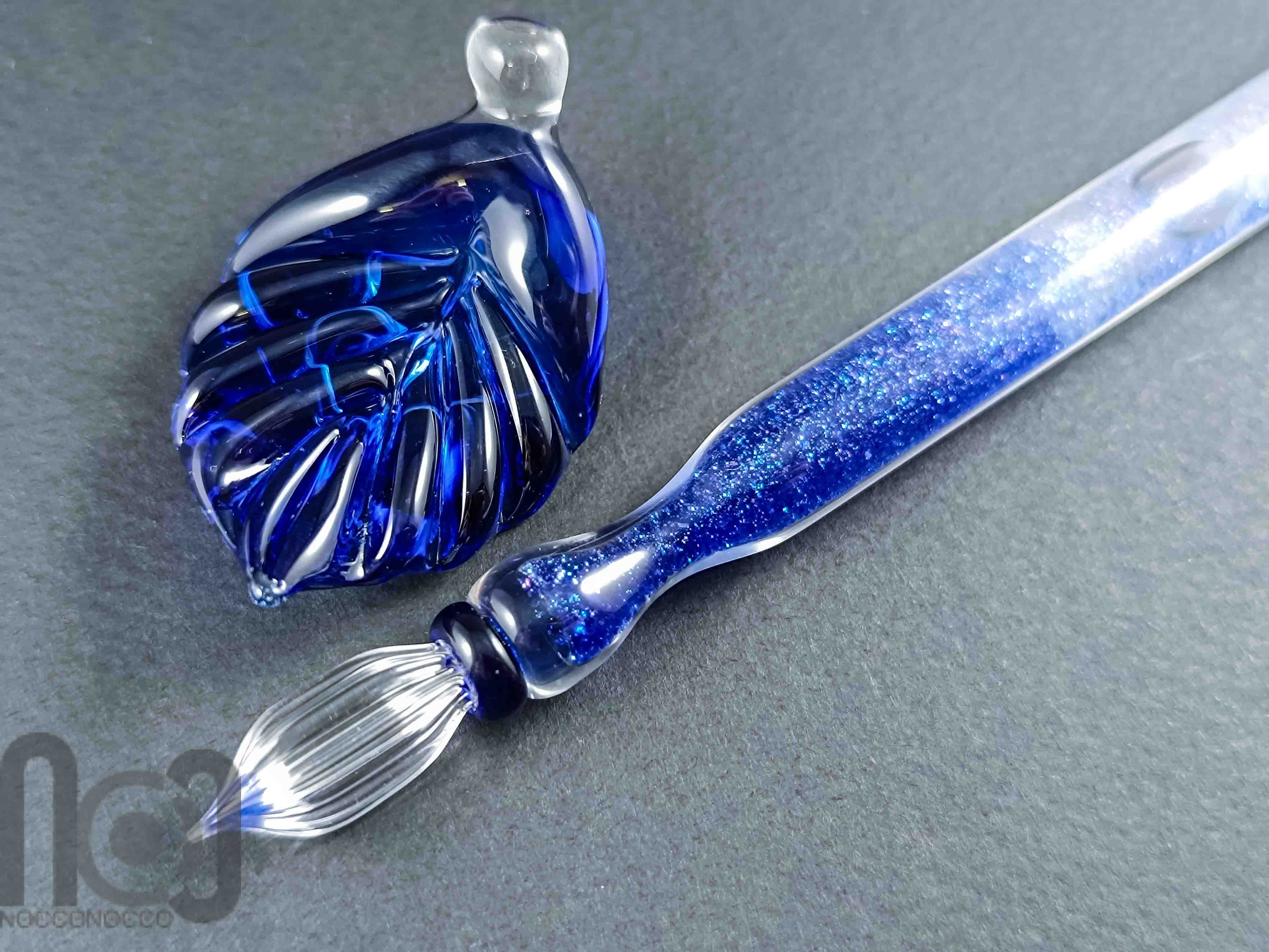 Handmade Glass Dip Pen with Crushed Glass and Mica Dust — handmade borosilicate glass by NoccoNocco, main view, made in Greece