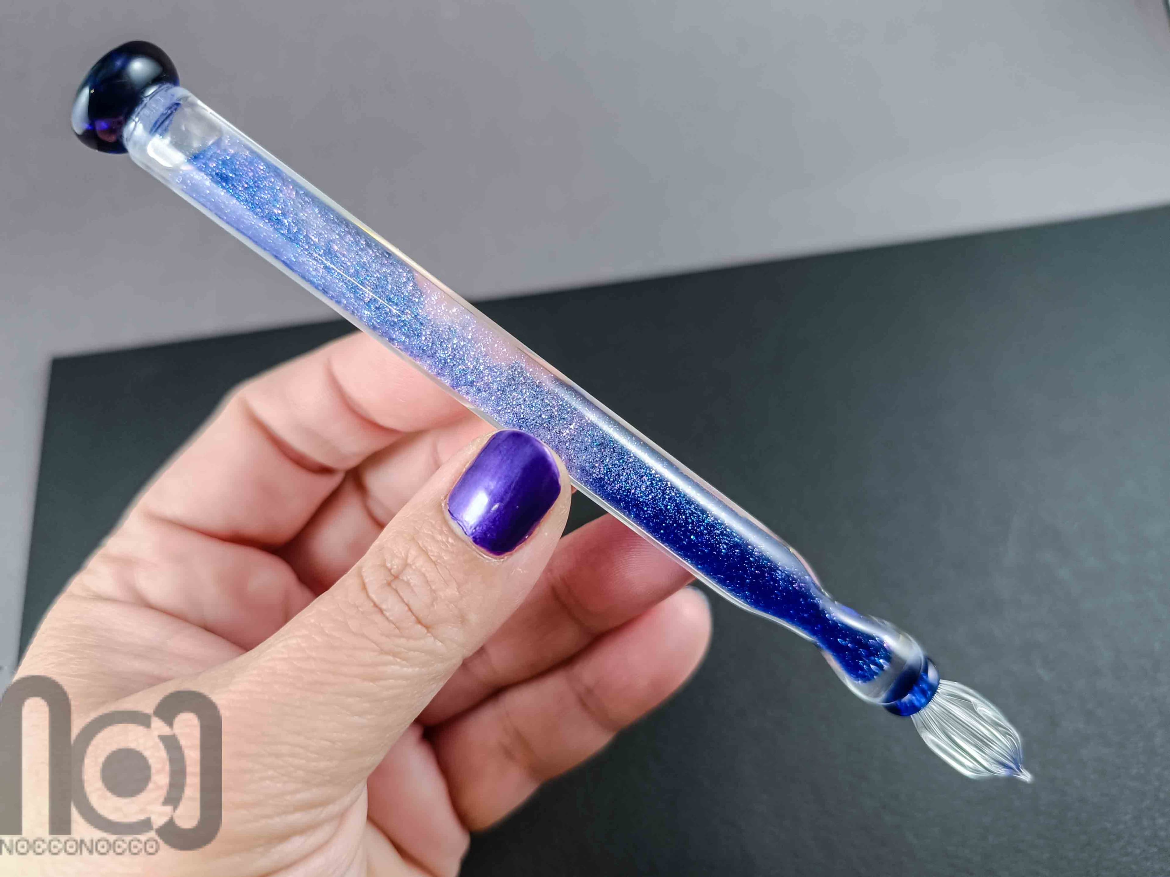 Handmade Glass Dip Pen with Crushed Glass and Mica Dust — handmade borosilicate glass by NoccoNocco, detail view 6 of 6, made in Greece