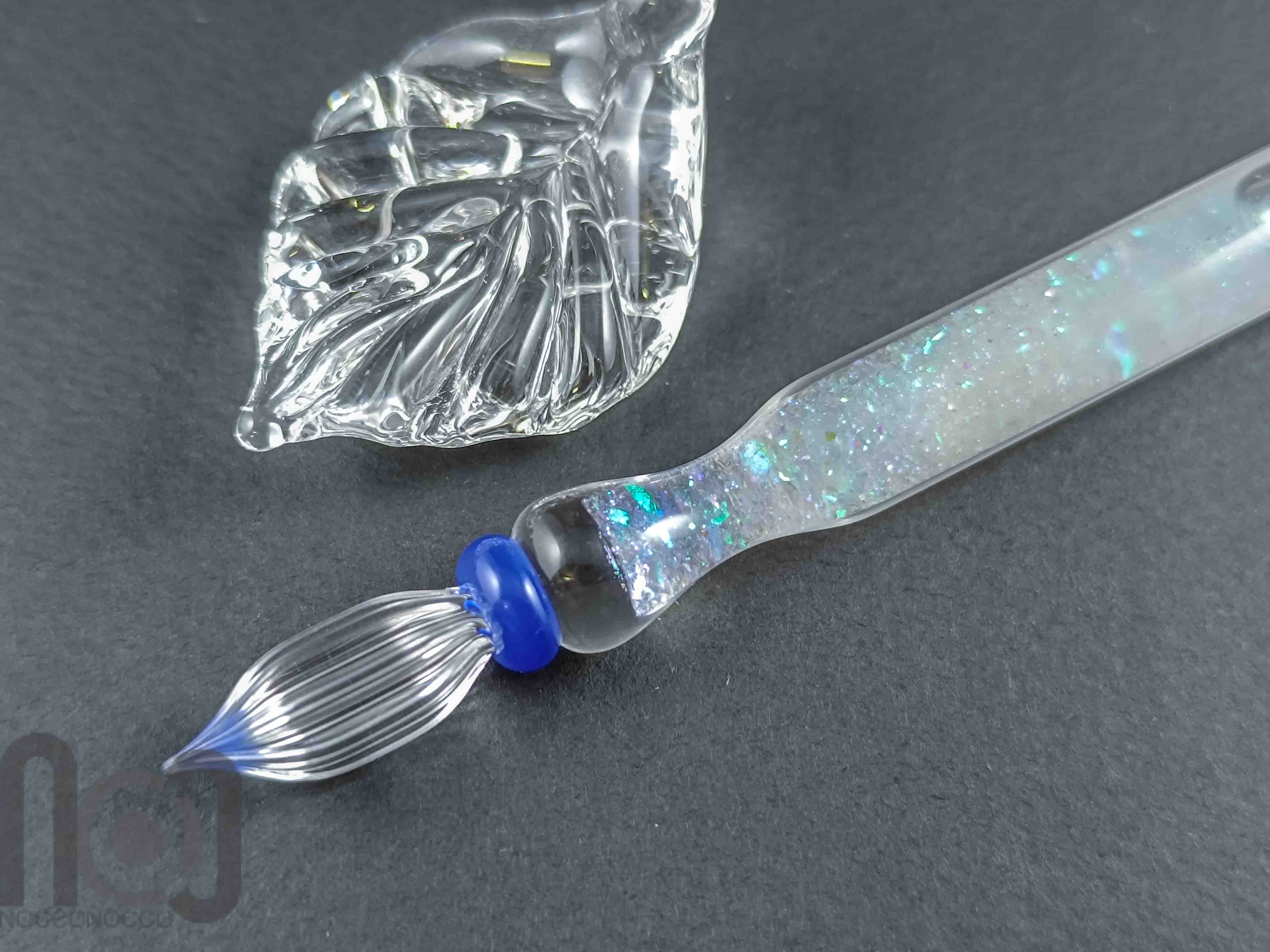 Handmade Glass Dip Pen with Crushed Dichroic Glass — handmade borosilicate glass by NoccoNocco, main view, made in Greece