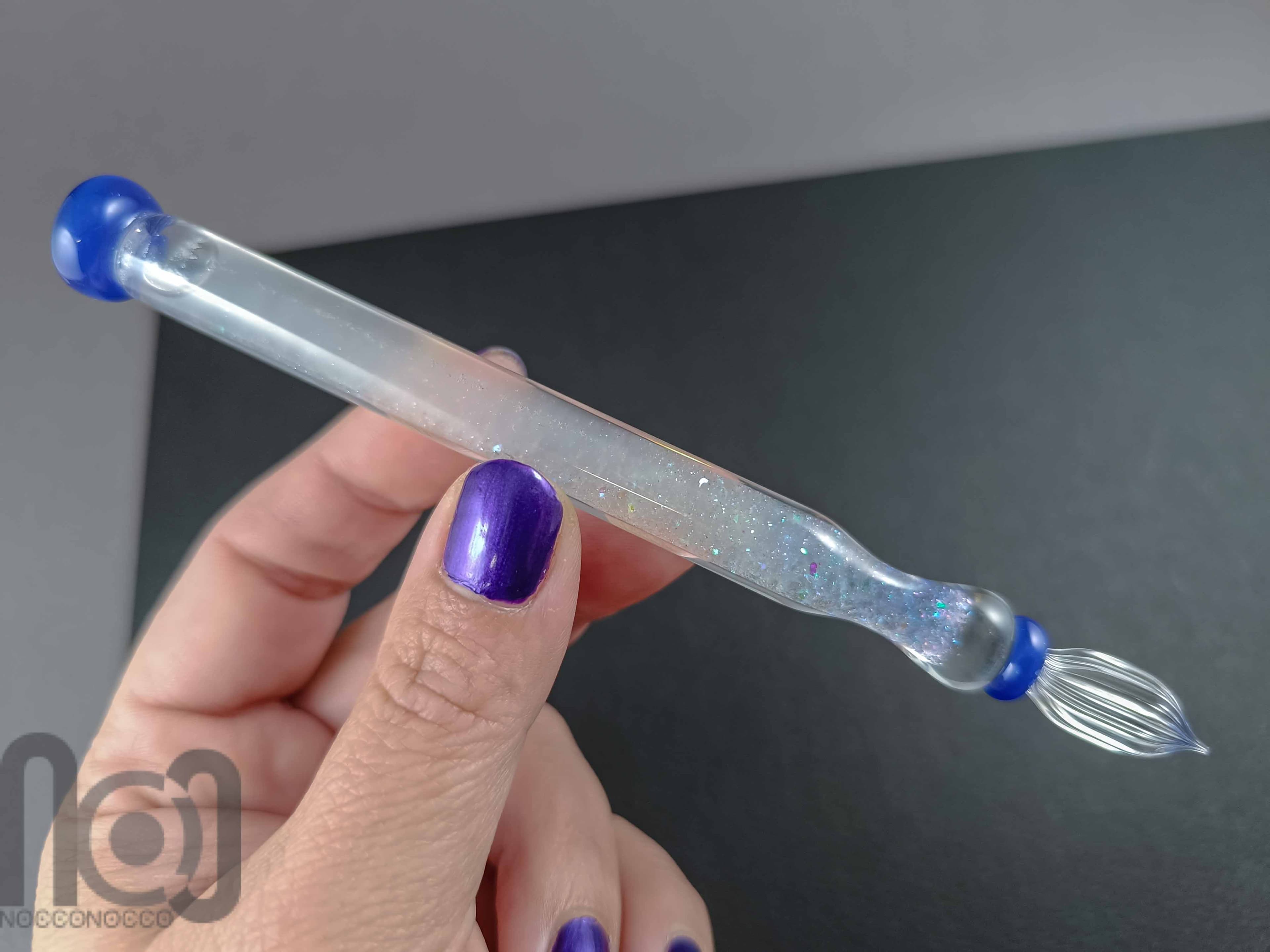 Handmade Glass Dip Pen with Crushed Dichroic Glass — handmade borosilicate glass by NoccoNocco, detail view 4 of 5, made in Greece