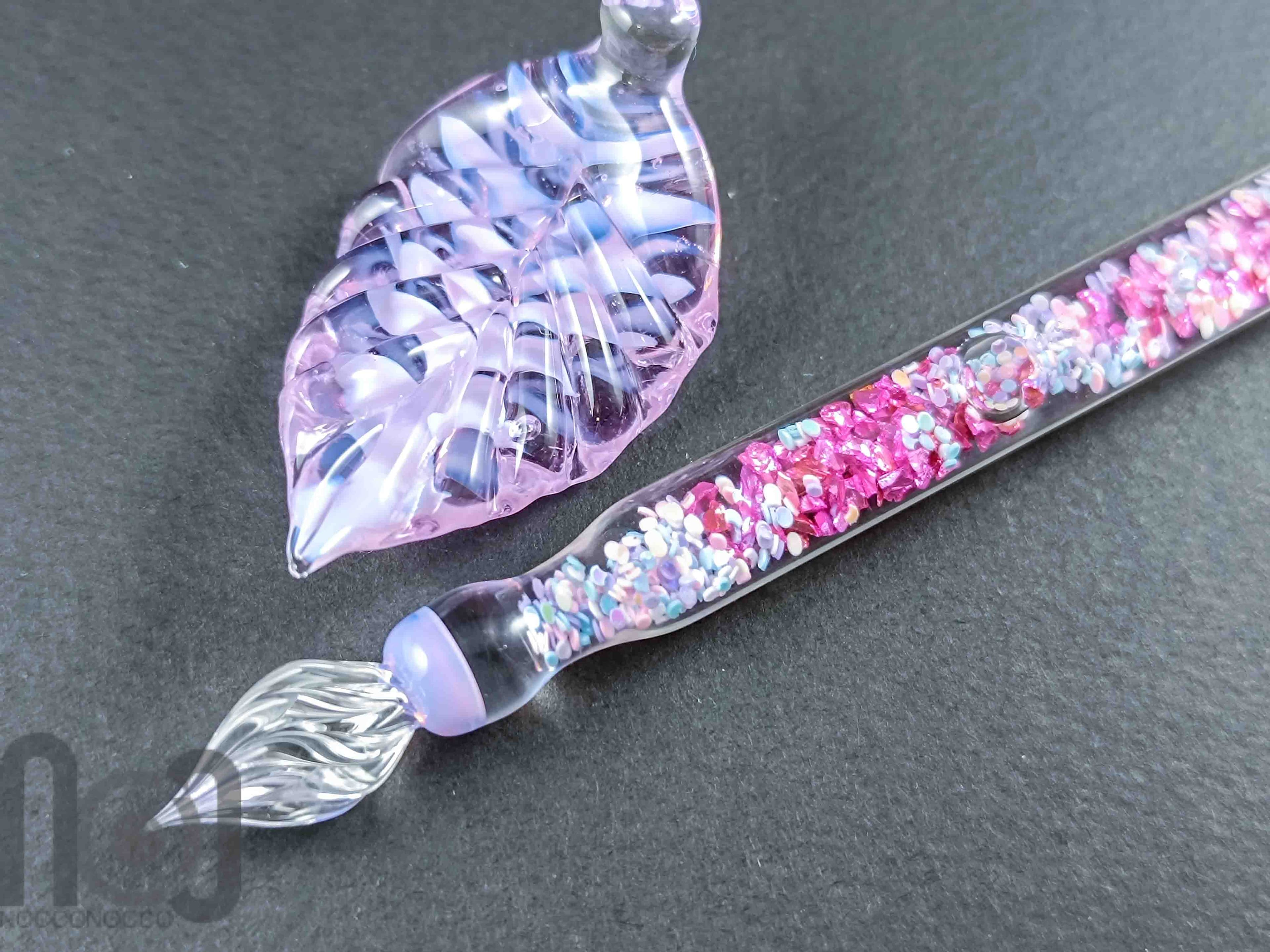 Handmade Glass Dip Pen with Galaxy Marble & Reflective Flakes — handmade borosilicate glass by NoccoNocco, detail view 3 of 6, made in Greece