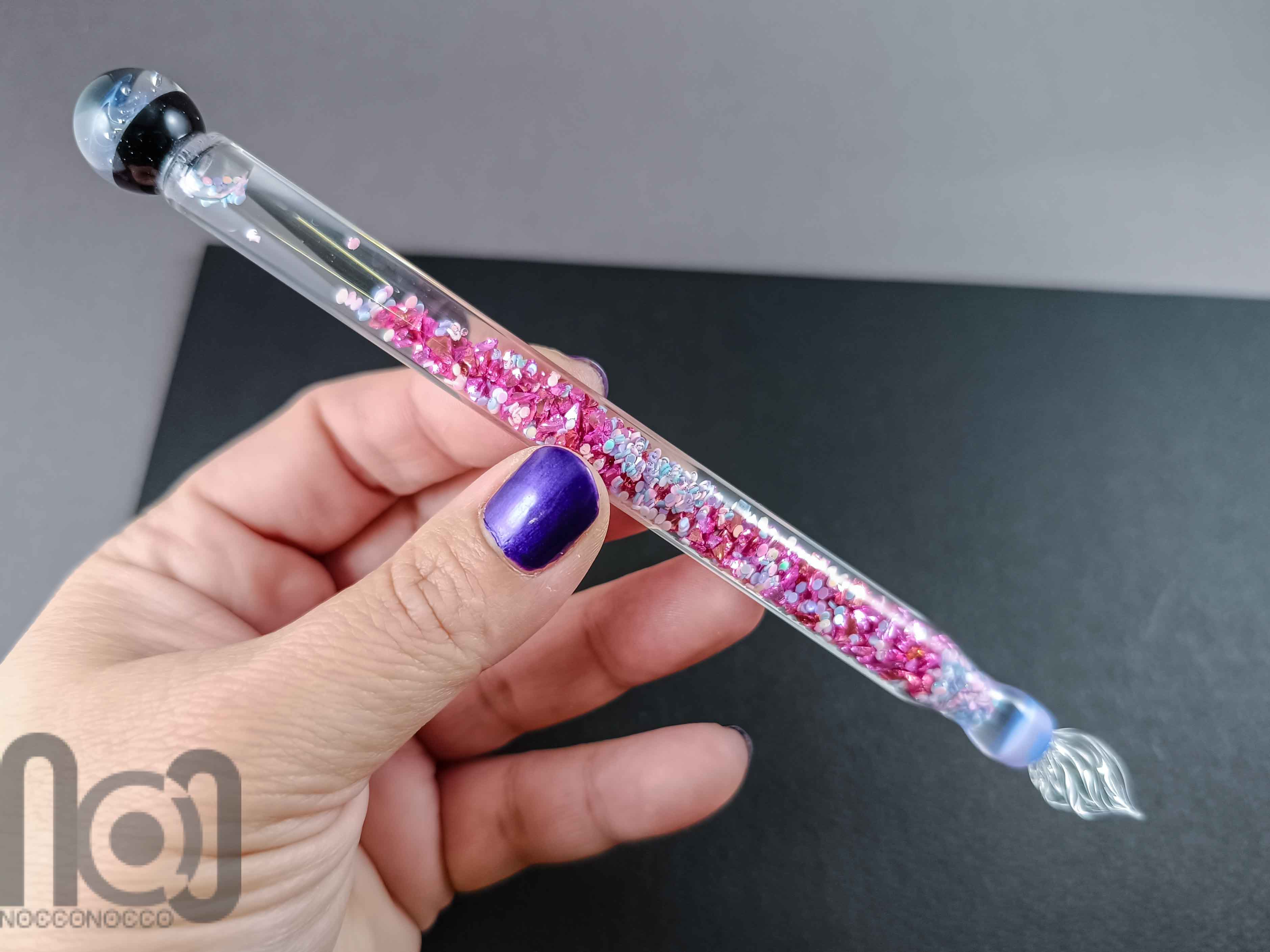 Handmade Glass Dip Pen with Galaxy Marble & Reflective Flakes — handmade borosilicate glass by NoccoNocco, detail view 5 of 6, made in Greece