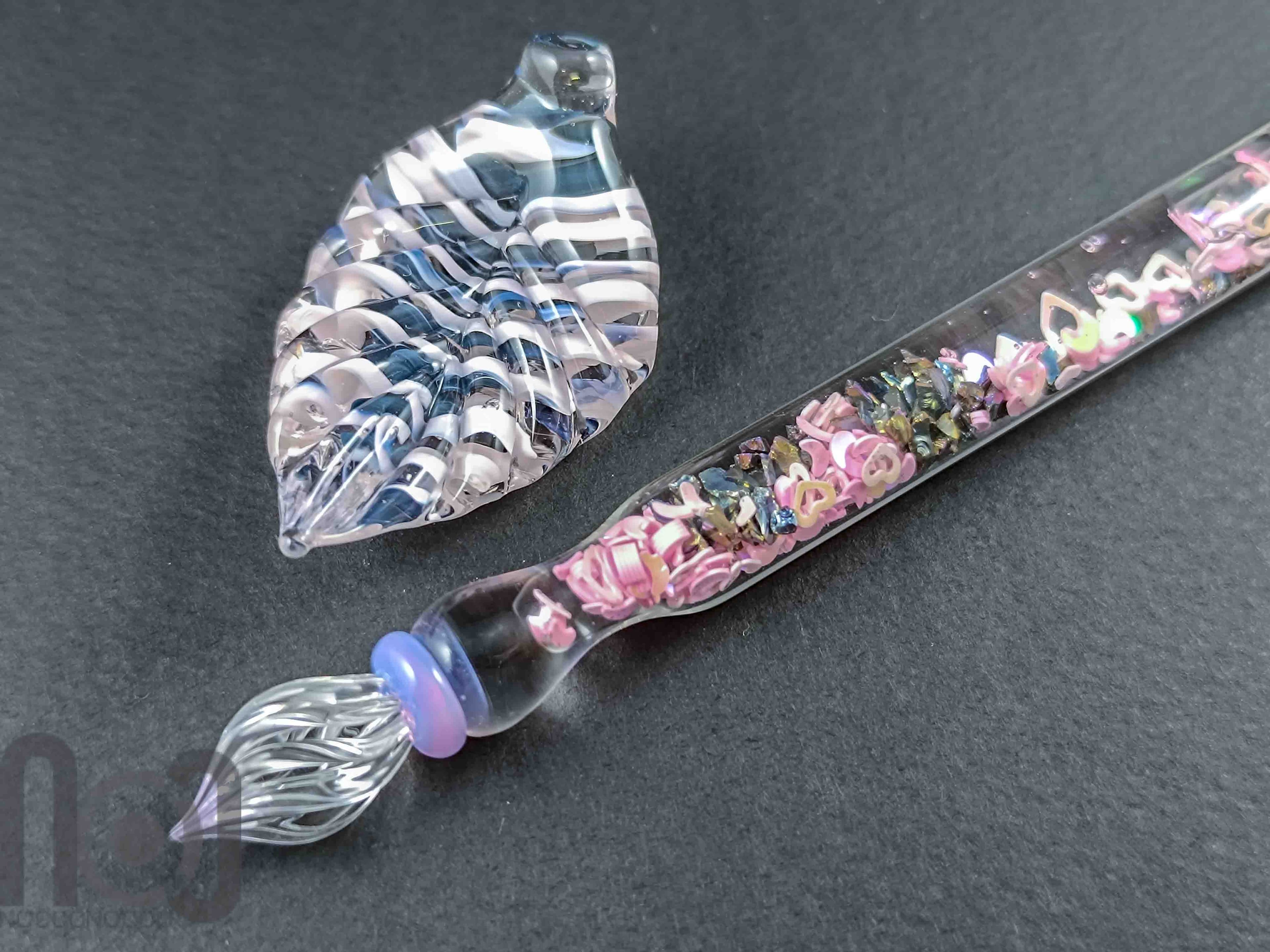 Handmade Glass Dip Pen with Galaxy Marble & Reflective Pink Hearts — handmade borosilicate glass by NoccoNocco, main view, made in Greece