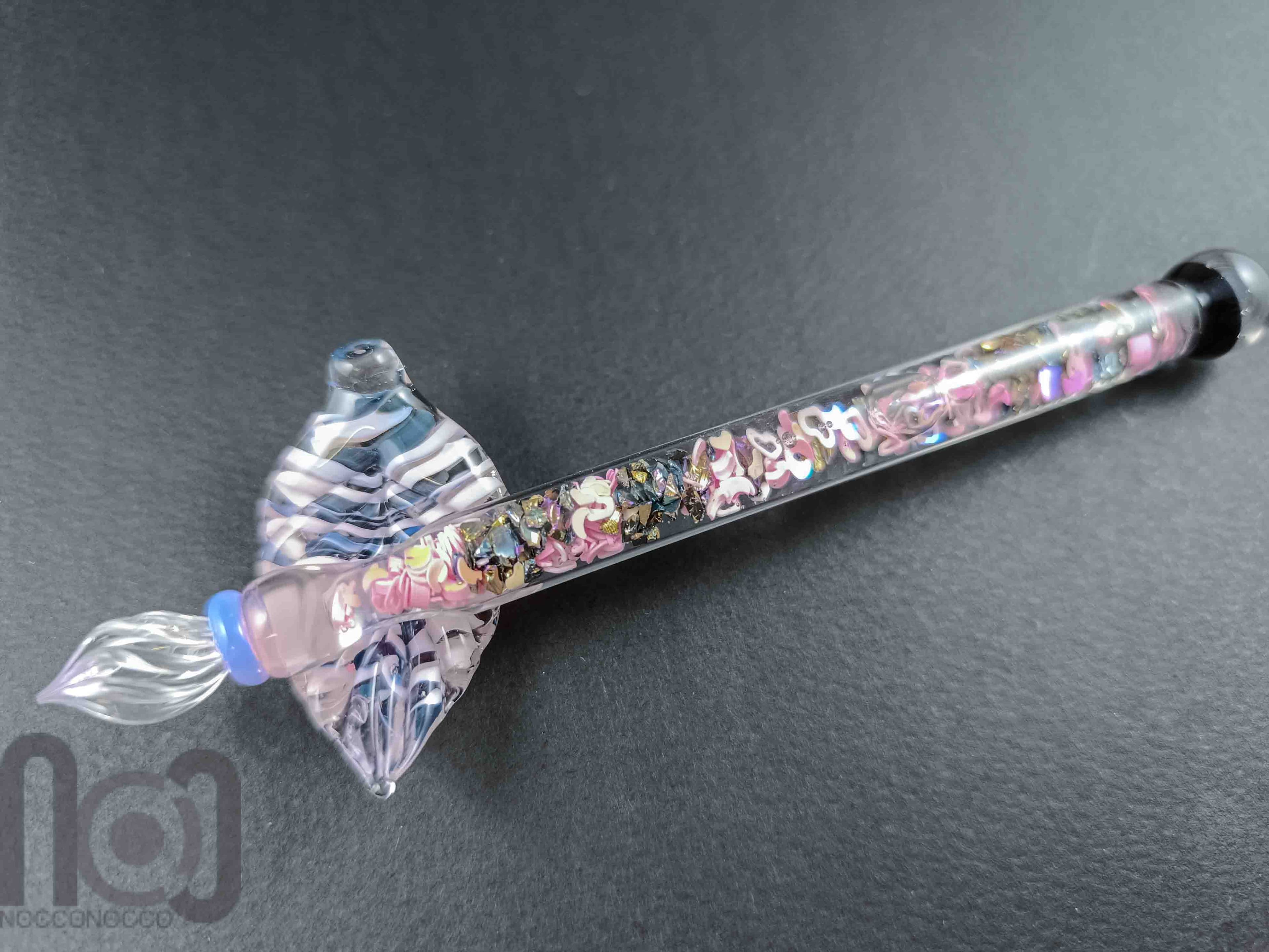 Handmade Glass Dip Pen with Galaxy Marble & Reflective Pink Hearts — handmade borosilicate glass by NoccoNocco, detail view 2 of 6, made in Greece