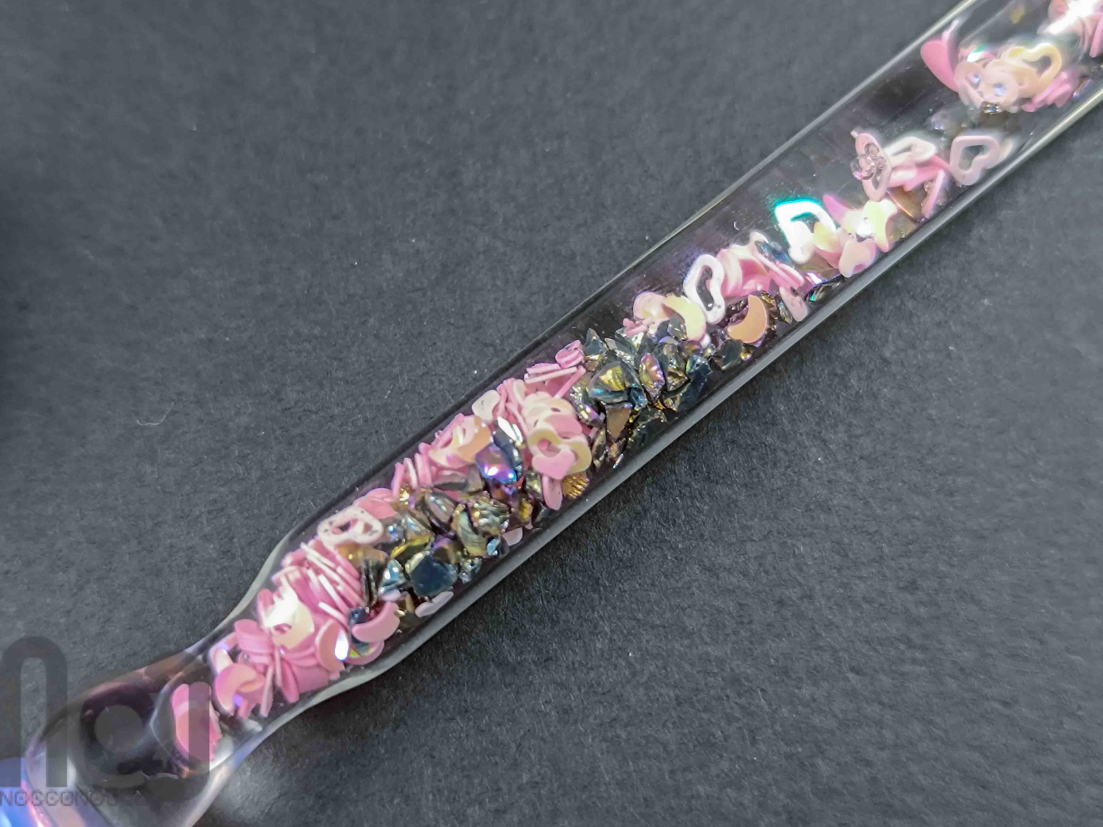 Handmade Glass Dip Pen with Galaxy Marble & Reflective Pink Hearts — handmade borosilicate glass by NoccoNocco, detail view 3 of 6, made in Greece