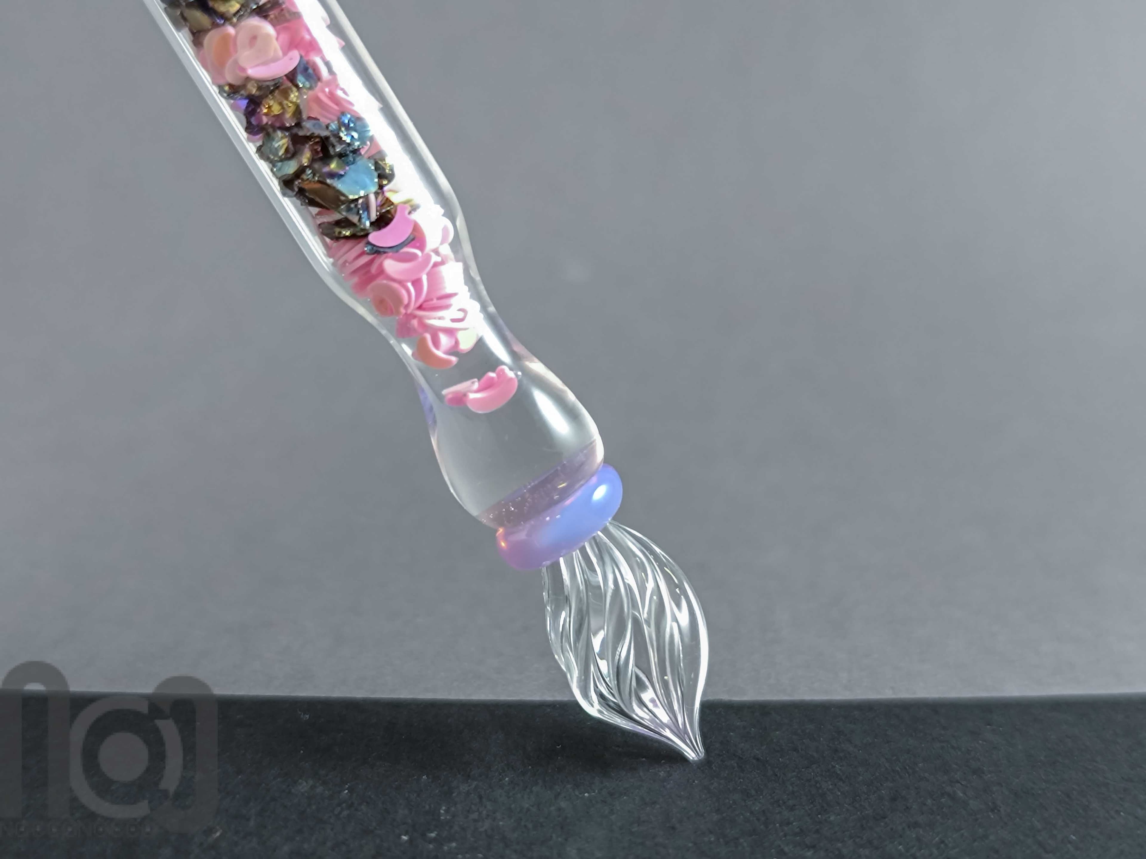 Handmade Glass Dip Pen with Galaxy Marble & Reflective Pink Hearts — handmade borosilicate glass by NoccoNocco, detail view 4 of 6, made in Greece