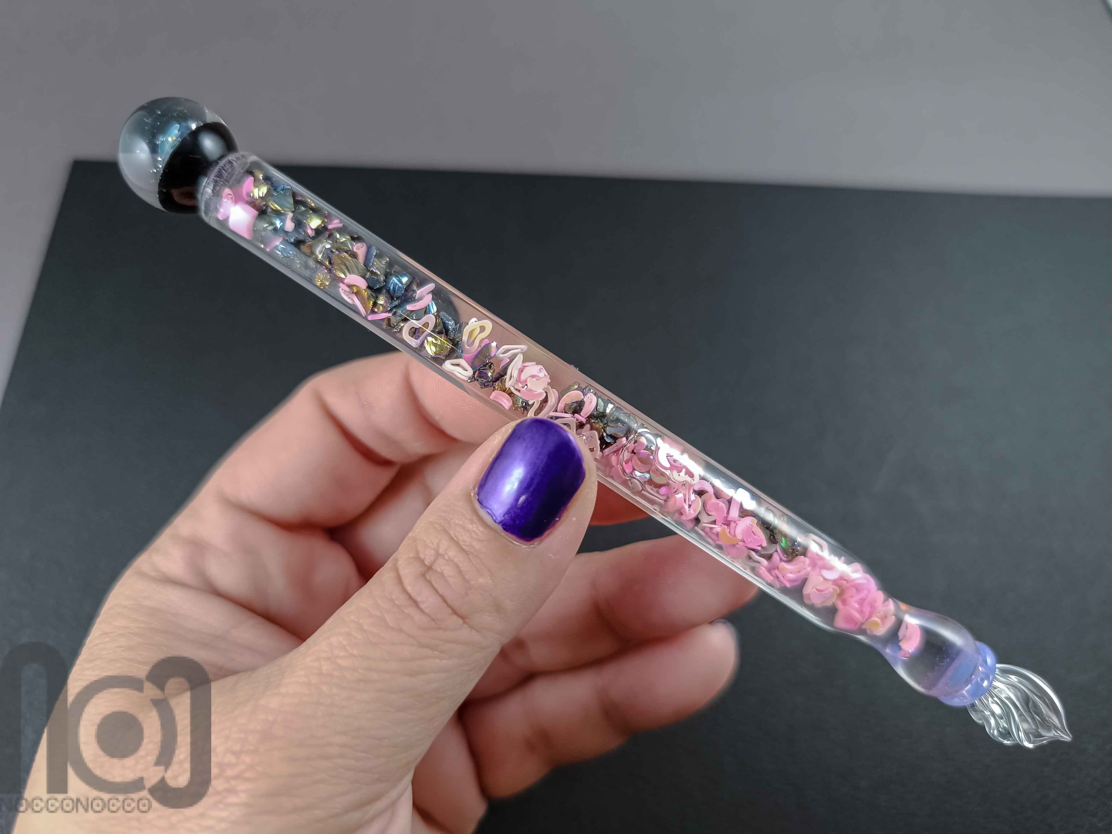 Handmade Glass Dip Pen with Galaxy Marble & Reflective Pink Hearts — handmade borosilicate glass by NoccoNocco, detail view 5 of 6, made in Greece