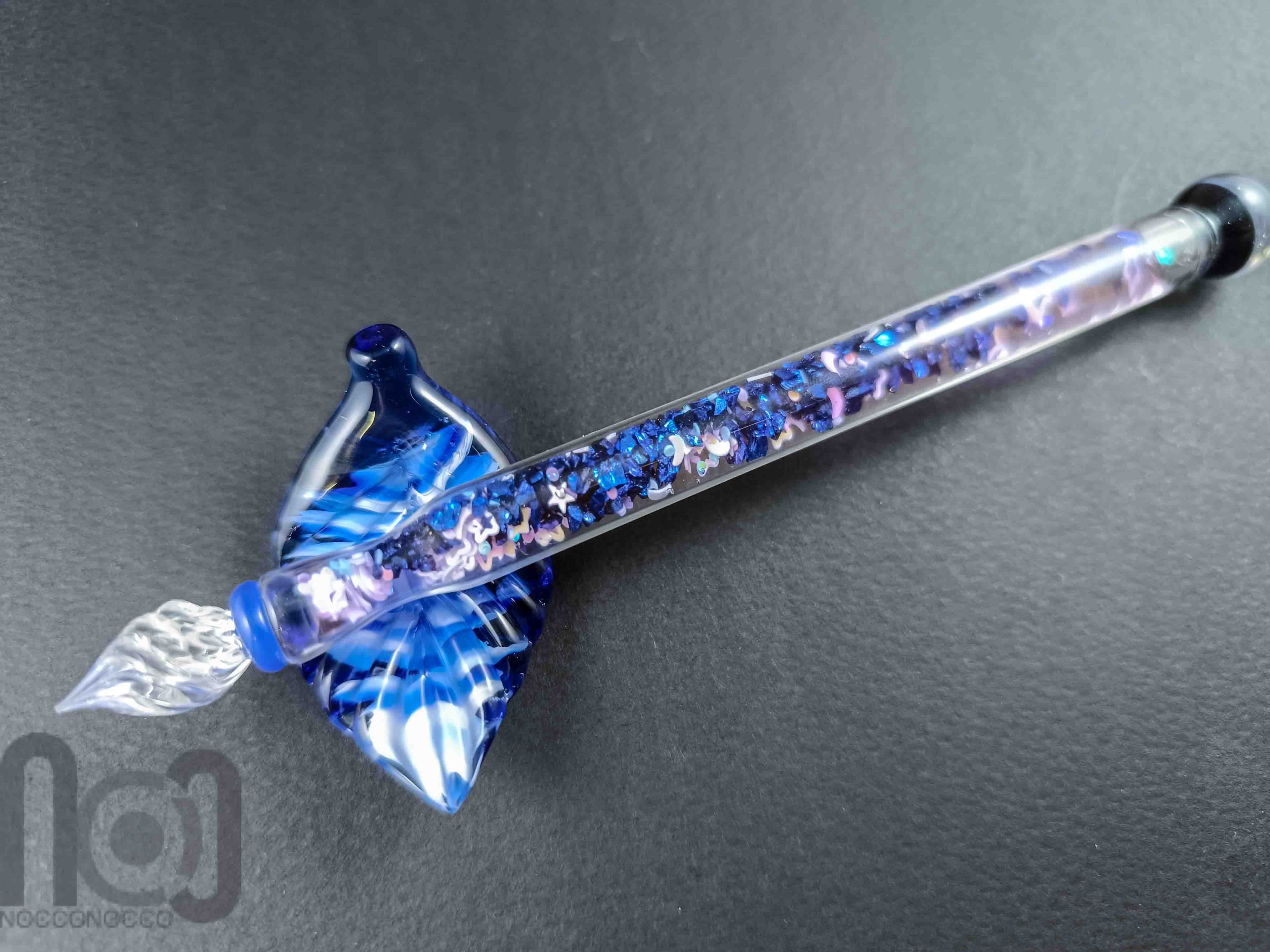 Handmade Glass Dip Pen with Galaxy Marble and Star Flakes — handmade borosilicate glass by NoccoNocco, detail view 2 of 6, made in Greece