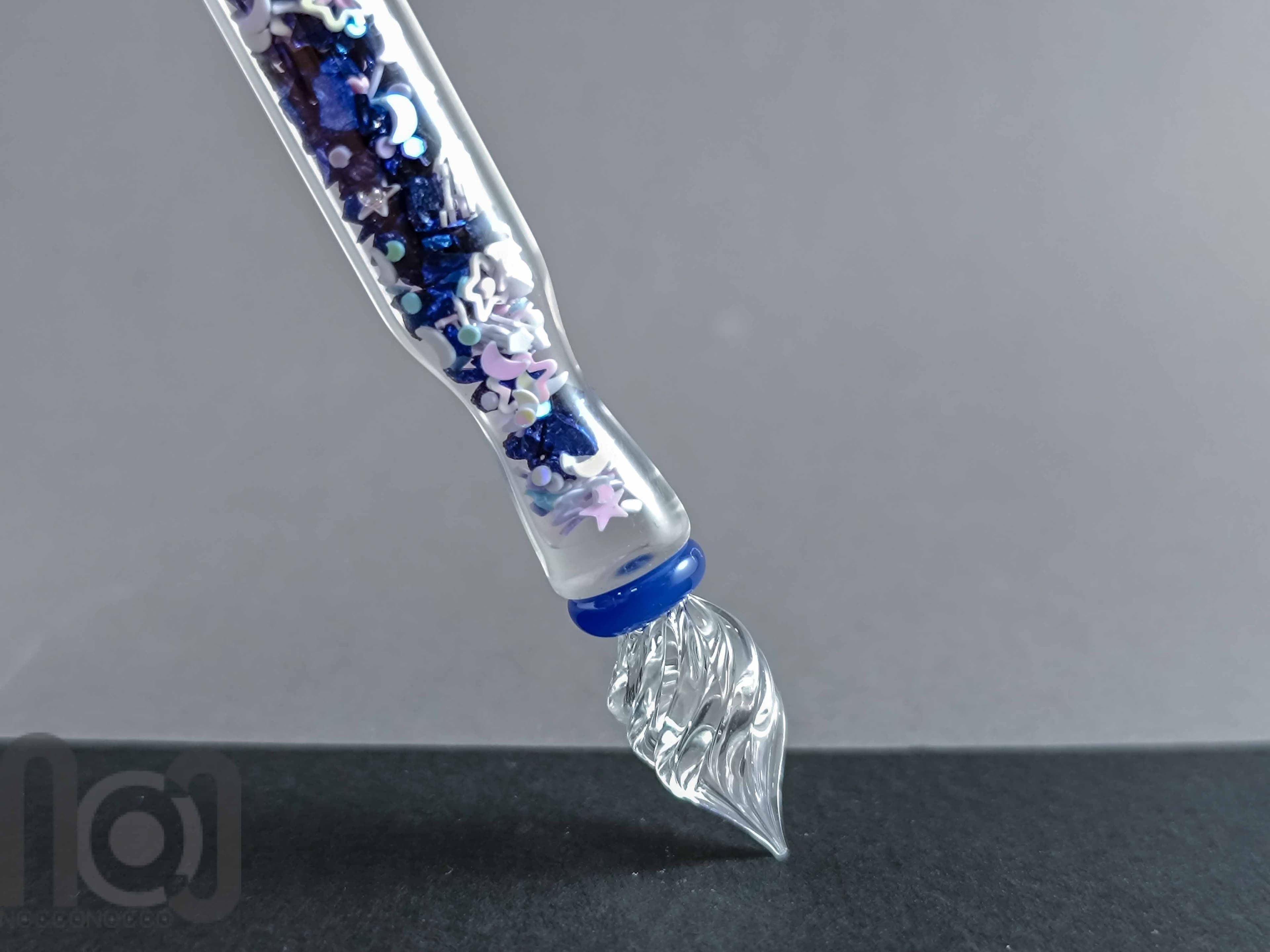 Handmade Glass Dip Pen with Galaxy Marble and Star Flakes — handmade borosilicate glass by NoccoNocco, detail view 6 of 6, made in Greece