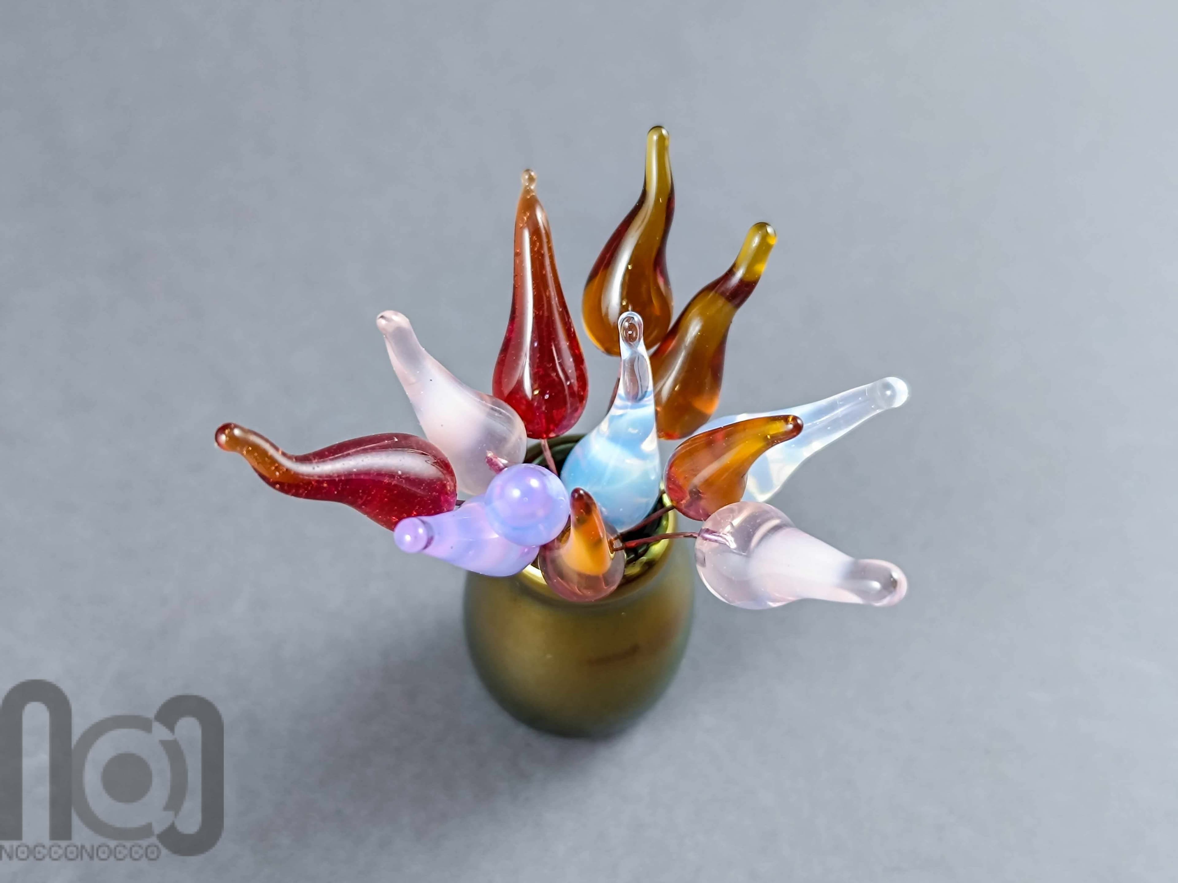 Handblown Gold-Fumed Mini Glass Vase with Colorful Flower Buds — handmade borosilicate glass by NoccoNocco, detail view 2 of 5, made in Greece