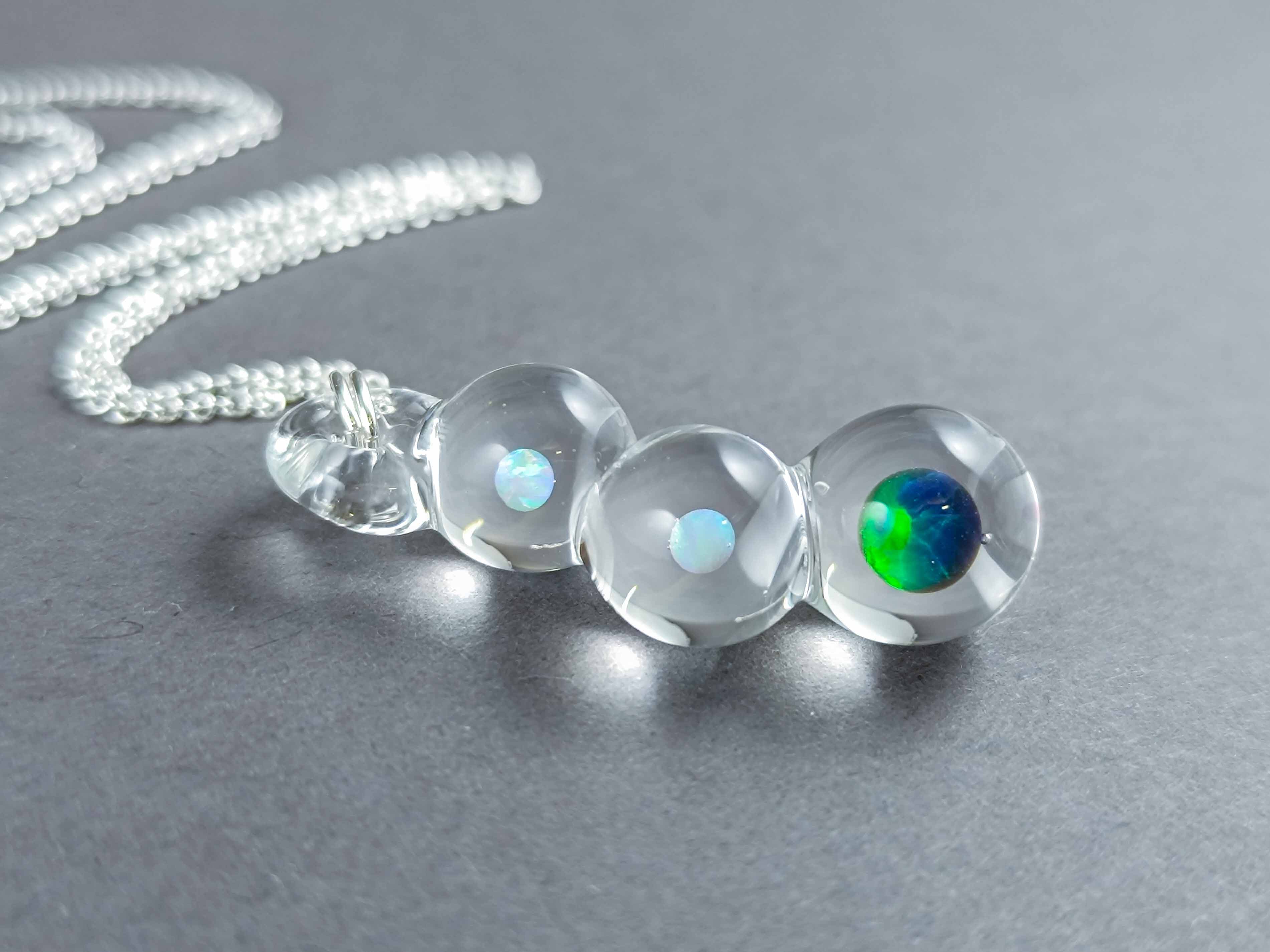 Handmade Glass Pendant with Encased Opals – Borosilicate & Sterling Silver — handmade borosilicate glass by NoccoNocco, main view, made in Greece