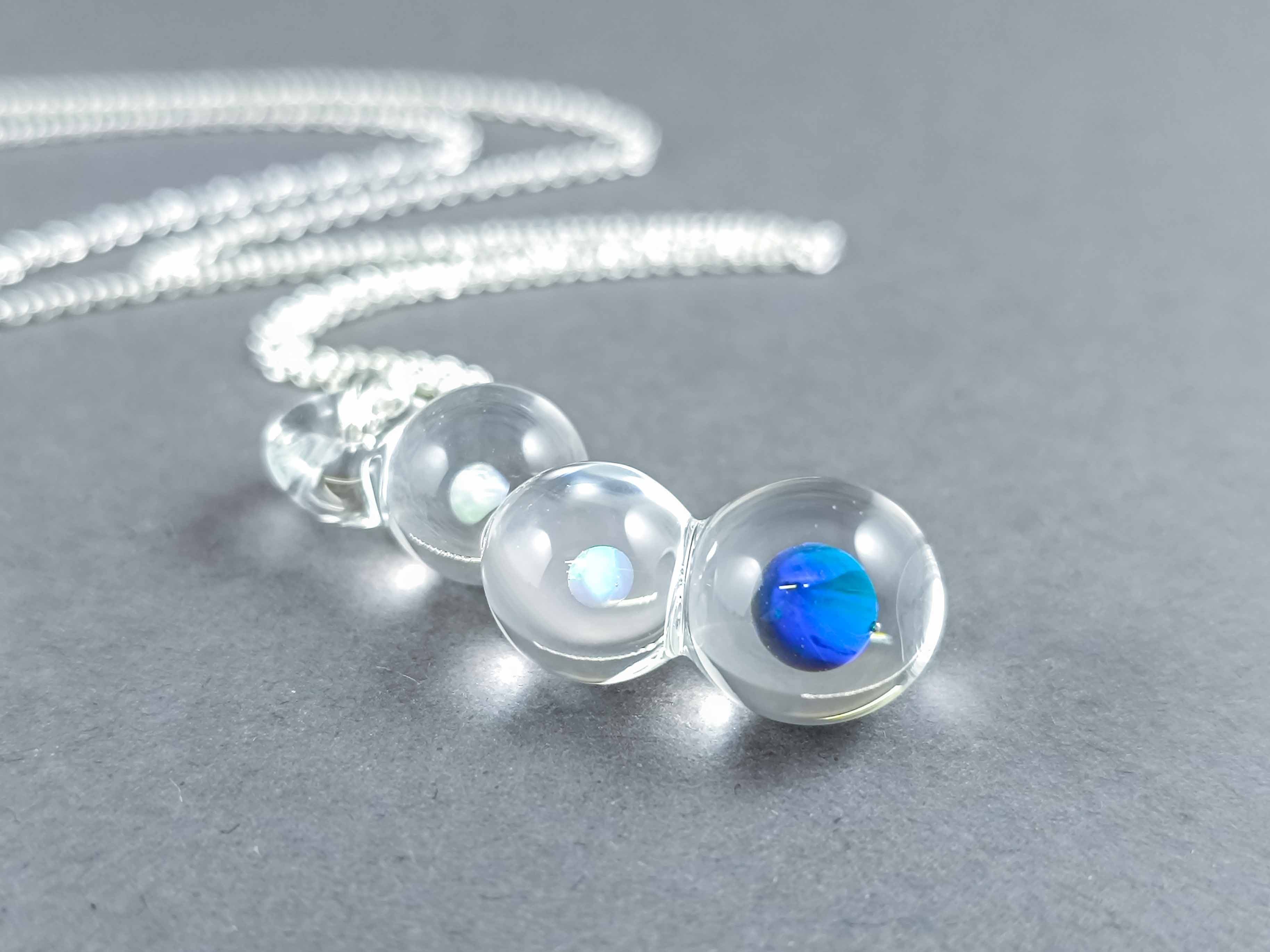 Handmade Glass Pendant with Encased Opals – Borosilicate & Sterling Silver — handmade borosilicate glass by NoccoNocco, detail view 2 of 2, made in Greece
