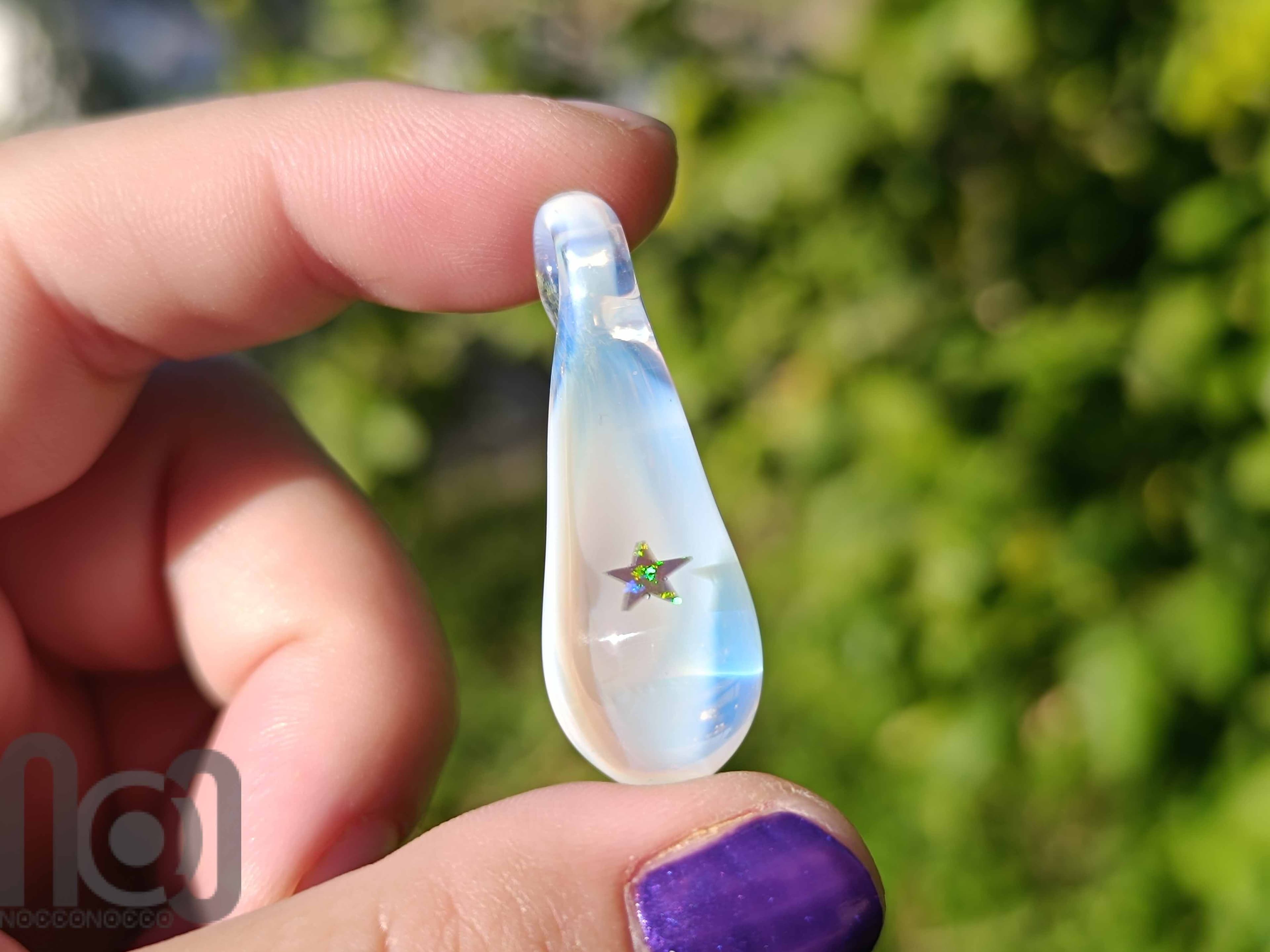 Handmade Glass Pendant with Star-Shaped Opal and Ghost White Background — handmade borosilicate glass by NoccoNocco, detail view 2 of 3, made in Greece